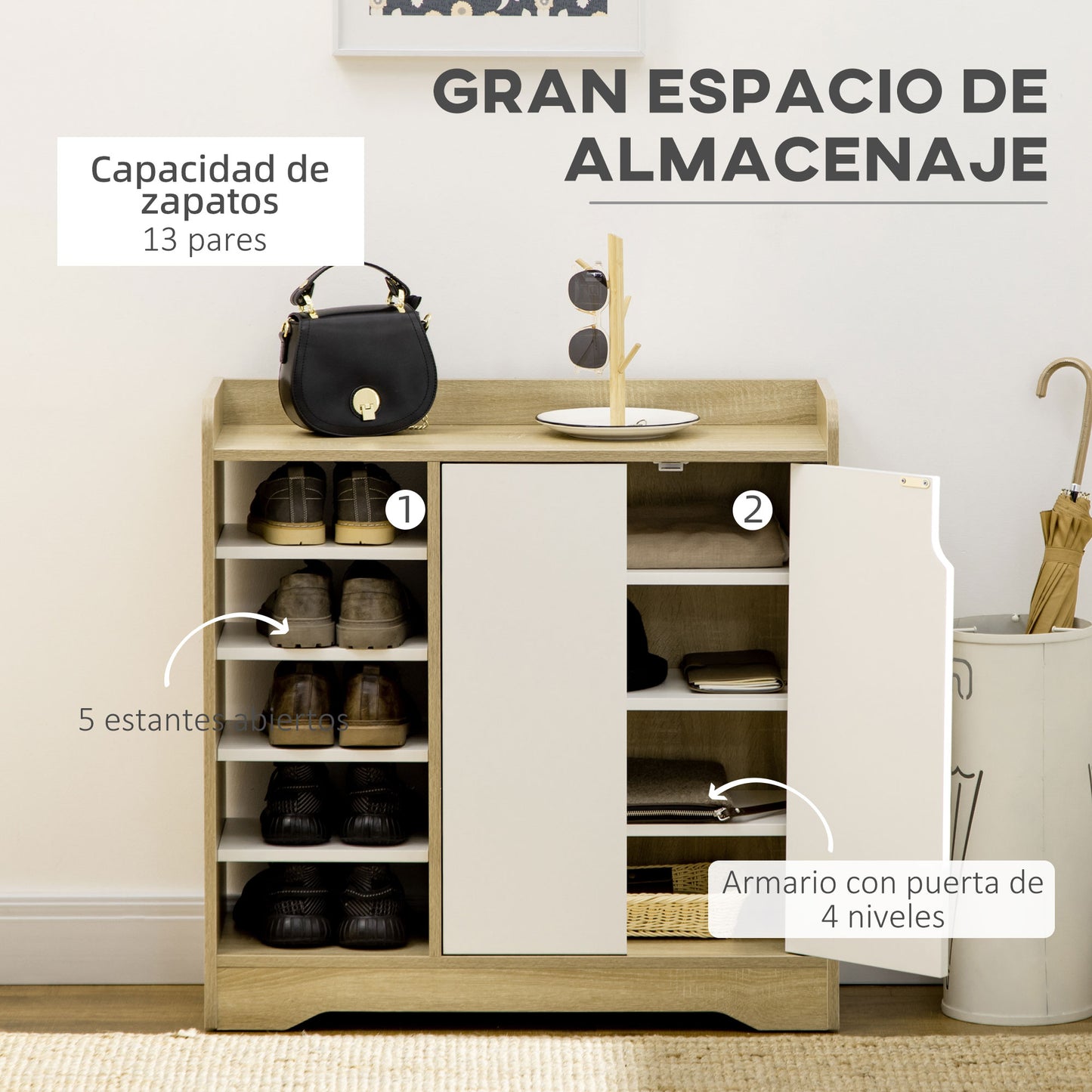 HOMCOM Mueble Zapatero Moderno Zapatero Estrecho con 2 Puertas Estantes de Almacenamiento para 13 Pares de Zapatos para Entrada Pasillo 80x30x80 cm Natural y Blanco