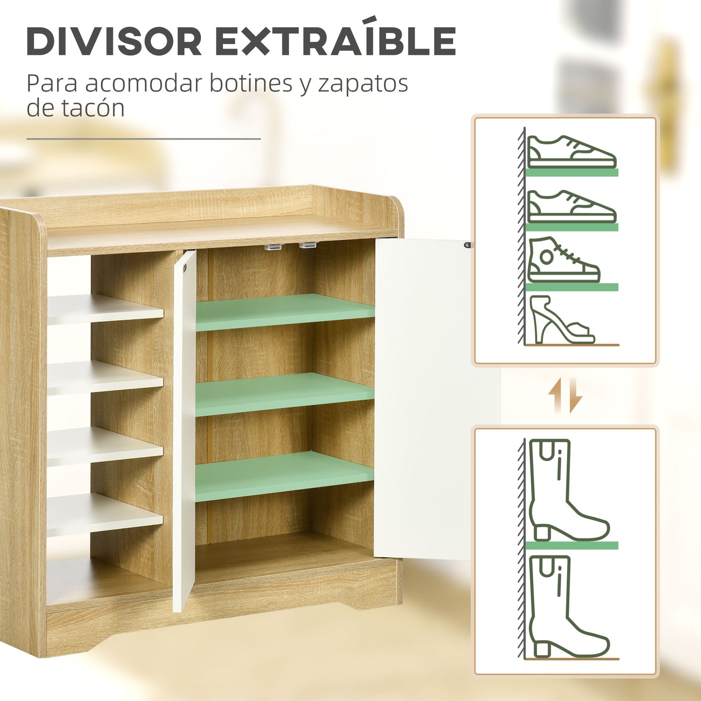 HOMCOM Mueble Zapatero Moderno Zapatero Estrecho con 2 Puertas Estantes de Almacenamiento para 13 Pares de Zapatos para Entrada Pasillo 80x30x80 cm Natural y Blanco