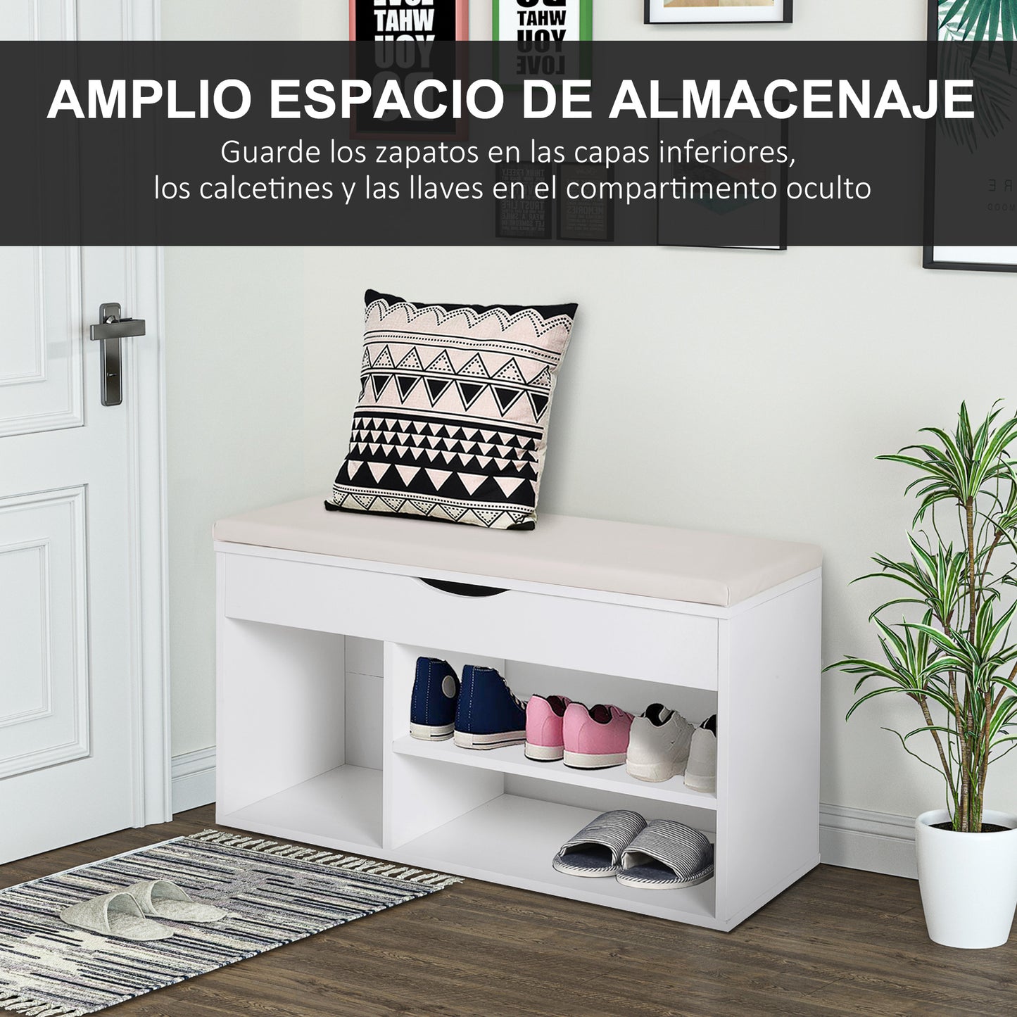 HOMCOM Banco Zapatero con Asiento Zapatero de Entrada Recibidor Moderno con Cajón Estantes Abiertos y 1 Cojín para Pasillo 80x30x47cm