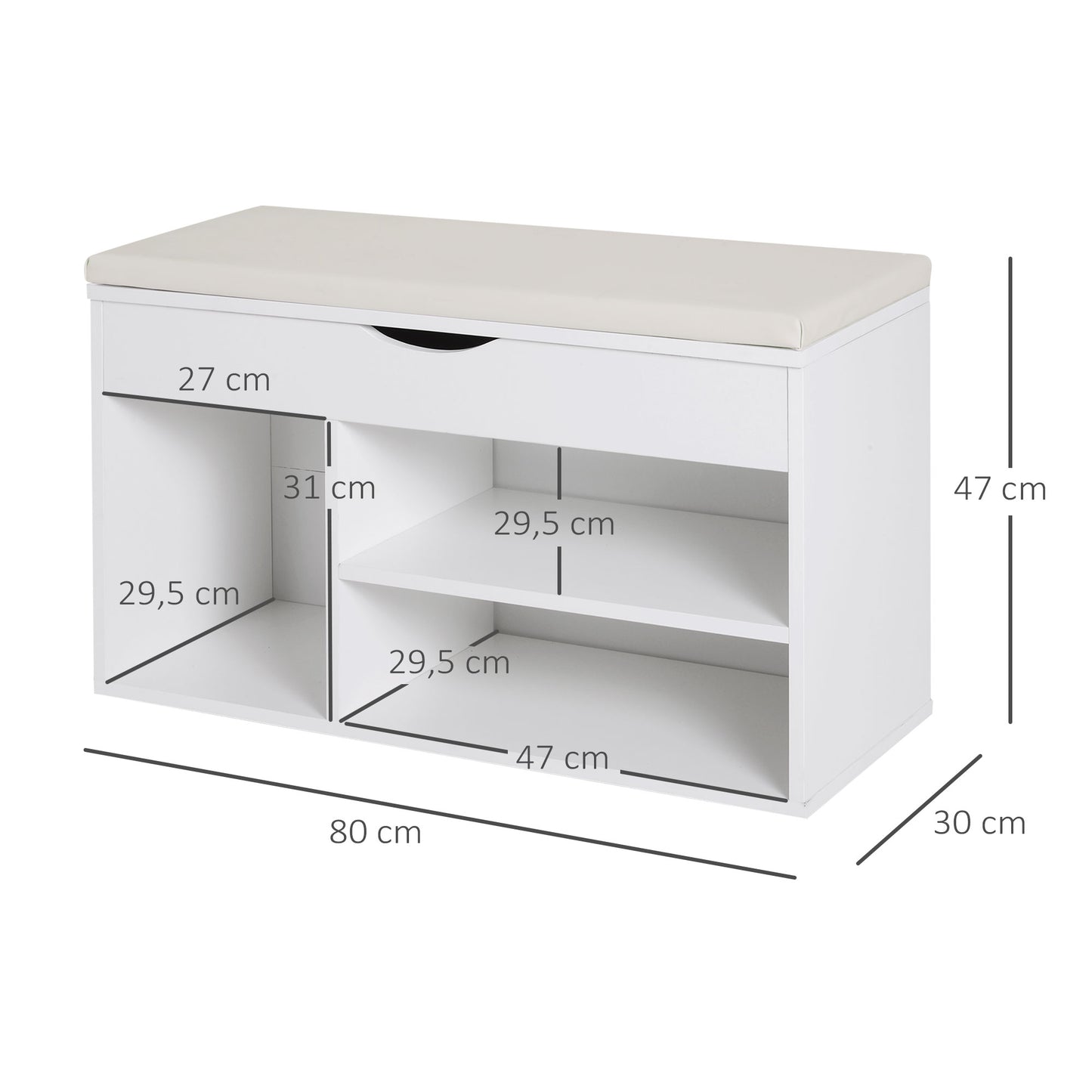 HOMCOM Banco Zapatero con Asiento Zapatero de Entrada Recibidor Moderno con Cajón Estantes Abiertos y 1 Cojín para Pasillo 80x30x47cm