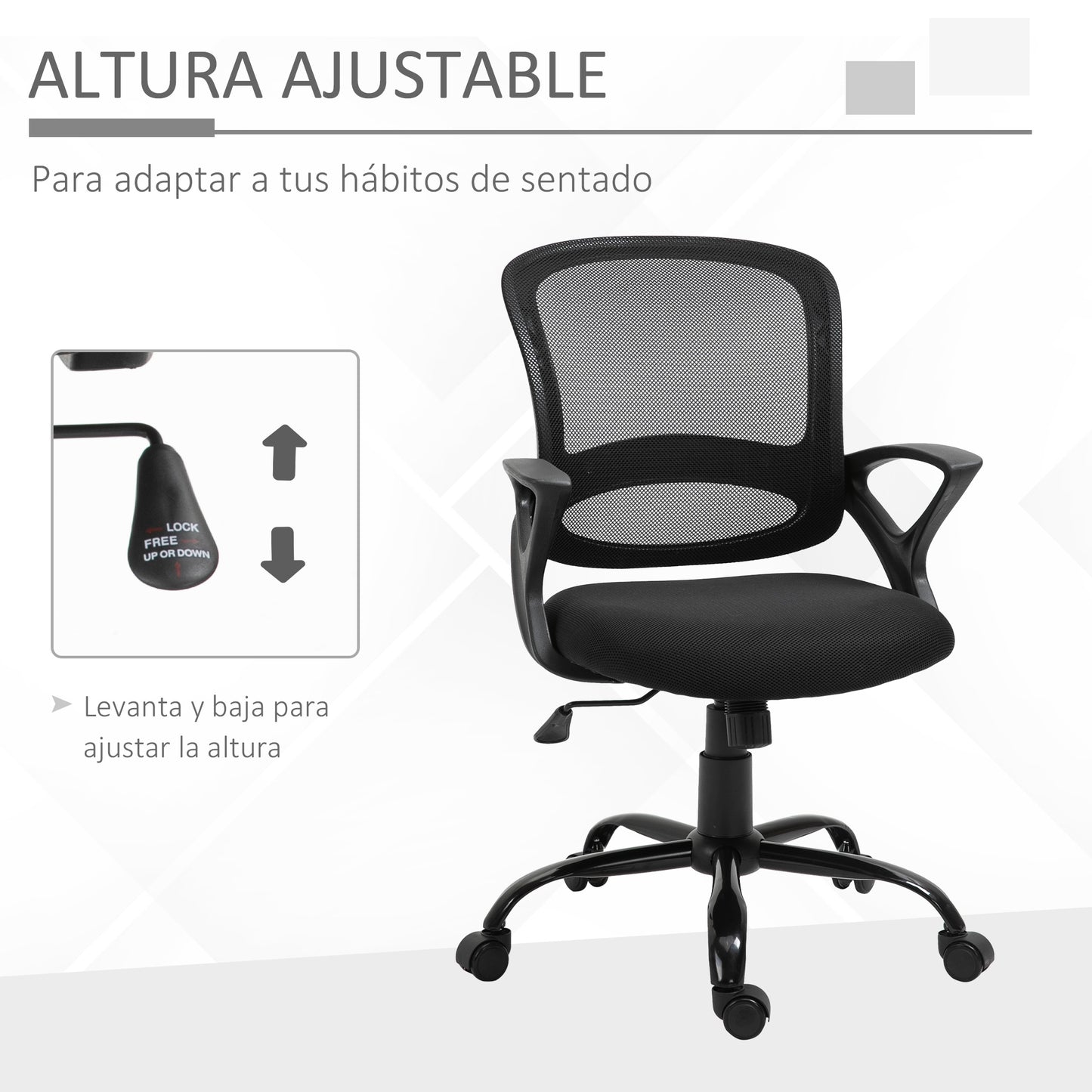 Vinsetto Silla de Oficina Silla de Escritorio Basculante para Adolescentes con Altura Ajustable Asiento Giratorio 360° y Soporte Lumbar Malla Transpirable 61x61x89-99 cm Negro