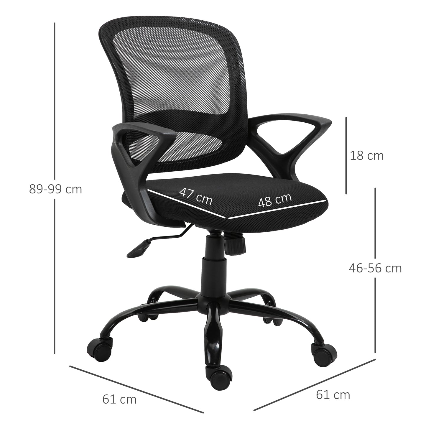 Vinsetto Silla de Oficina Silla de Escritorio Basculante para Adolescentes con Altura Ajustable Asiento Giratorio 360° y Soporte Lumbar Malla Transpirable 61x61x89-99 cm Negro