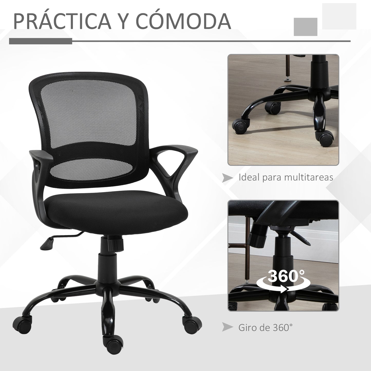 Vinsetto Silla de Oficina Silla de Escritorio Basculante para Adolescentes con Altura Ajustable Asiento Giratorio 360° y Soporte Lumbar Malla Transpirable 61x61x89-99 cm Negro