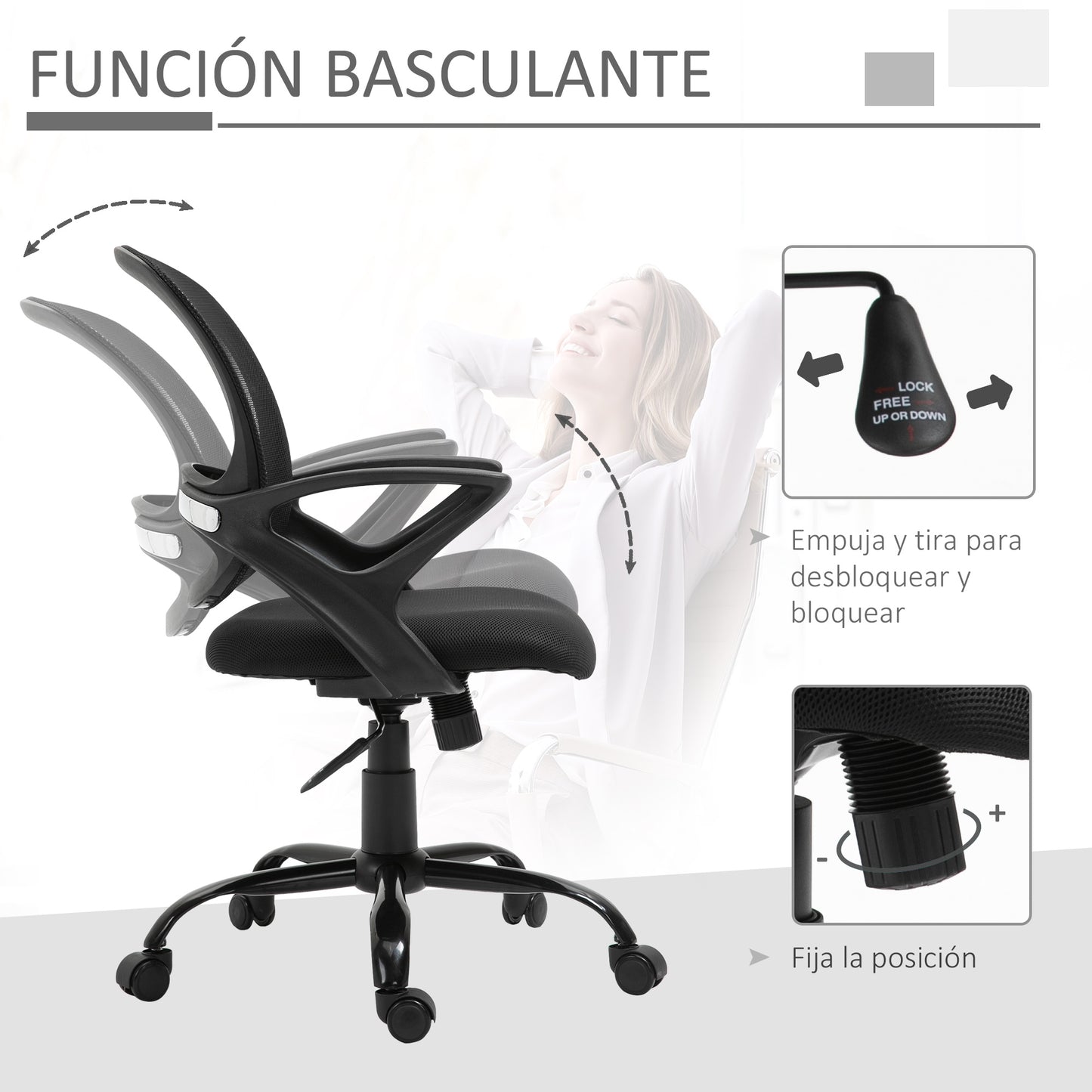 Vinsetto Silla de Oficina Silla de Escritorio Basculante para Adolescentes con Altura Ajustable Asiento Giratorio 360° y Soporte Lumbar Malla Transpirable 61x61x89-99 cm Negro