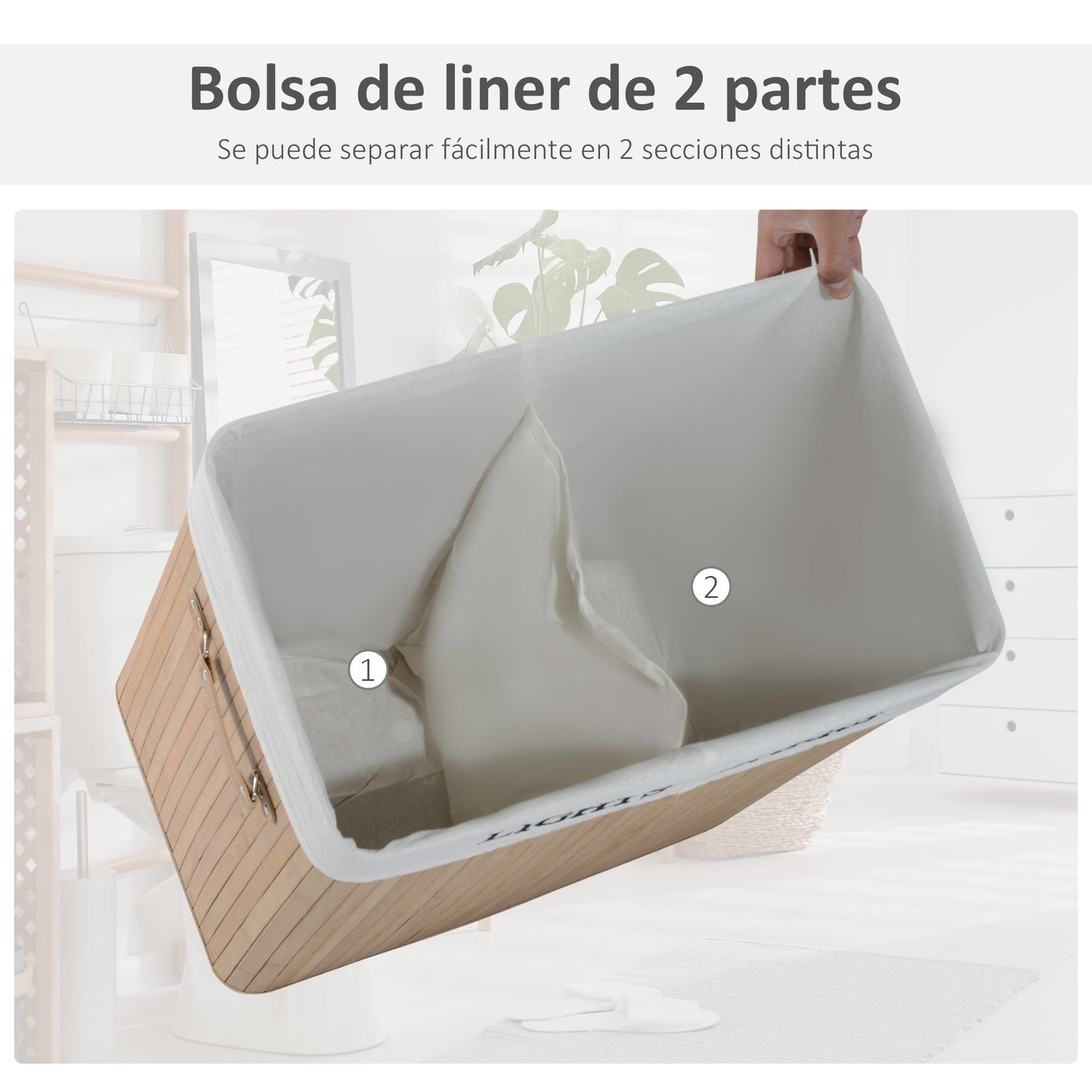 HOMCOM Cesta para Ropa Sucia de Bambú con Tapa Bolsa con 2 Compartimentos Extraíble y Lavable 52x32 x63 cm Capacidad 100L Bambú