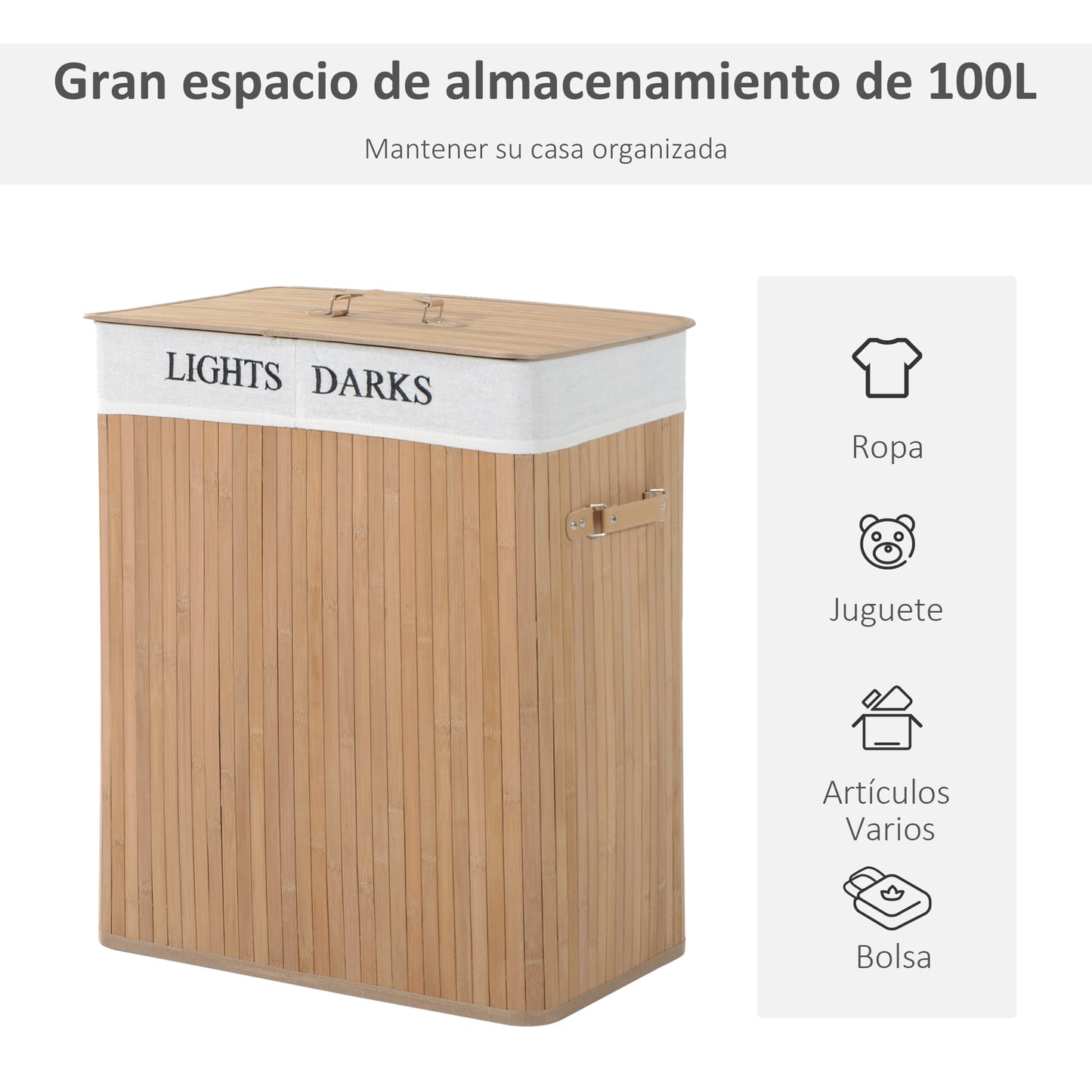 HOMCOM Cesta para Ropa Sucia de Bambú con Tapa Bolsa con 2 Compartimentos Extraíble y Lavable 52x32 x63 cm Capacidad 100L Bambú