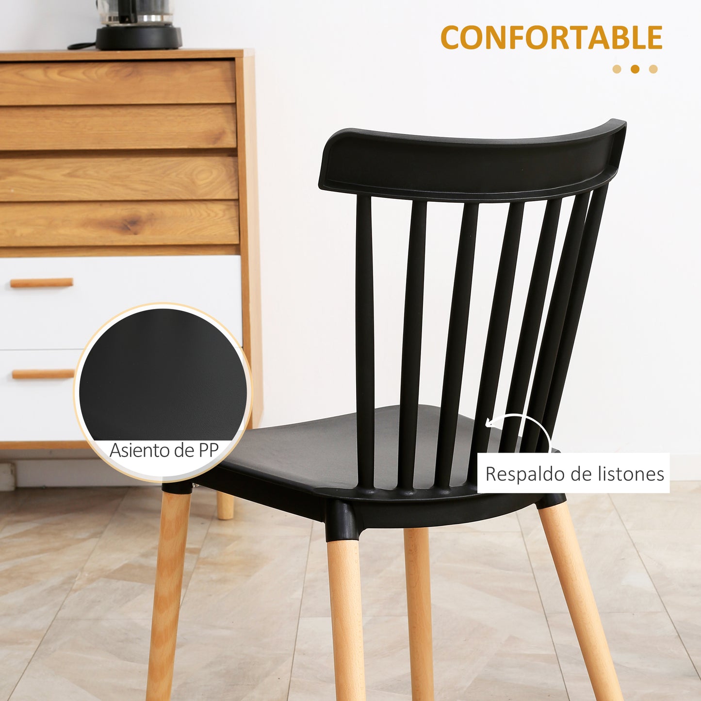 HOMCOM Juego de 4 Sillas de Comedor Estilo Nórdico Sillas de Cocina con Respaldo Alto Asiento de Polipropileno y Patas de Madera de Haya Carga 120 kg 48x52,5x83 cm Negro