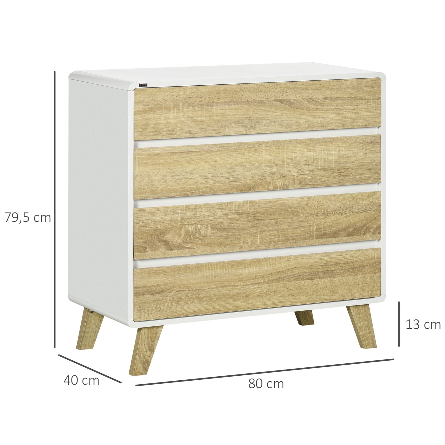 HOMCOM Cómoda con 4 Cajones Cajonera de Madera Cajonera para Armario con Patas Elevadas para Salón Dormitorio Oficina 80x40x79,5 cm Blanco y Roble