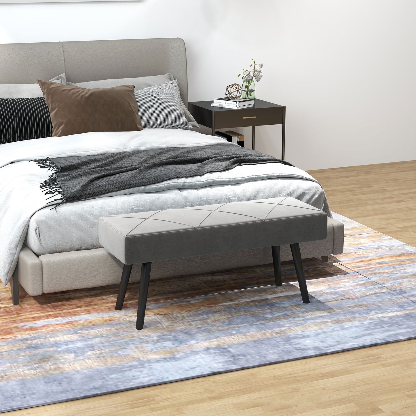 HOMCOM Taburete Pie de Cama Multifuncional Banco Pie de Cama Moderno Banco Dormitorio con Pies de Acero y Asiento Acolchado Carga 120 kg para Entrada Pasillo 100x36x45 cm Gris