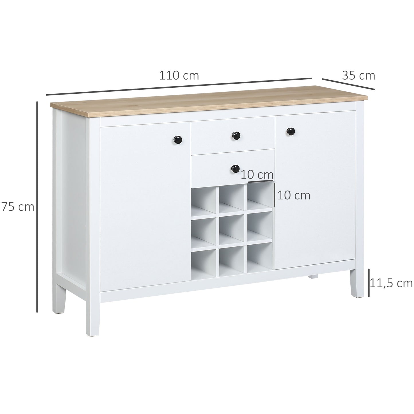 HOMCOM Aparador de Cocina con Botellero Moderno con 2 Cajones 2 Puertas Estantes Ajustables y Botellero para 9 Botellas Mueble Auxiliar de Cocina para Comedor Salón 110x35x75 cm Blanco