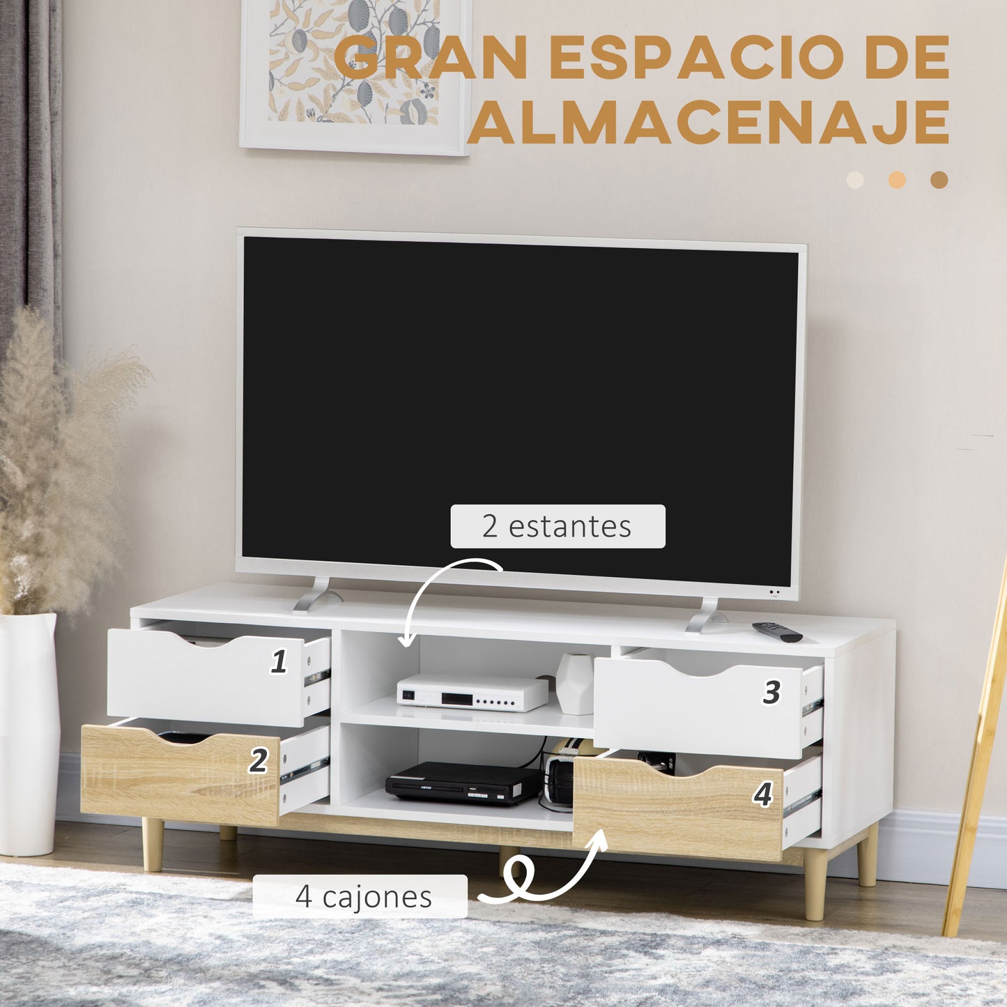 HOMCOM Mueble TV de Salón Mesa para TV para Televisores de hasta 55" con Estantes de Almacenamiento y 4 Cajones para Dormitorio 120x40x44,5 cm Blanco y Roble