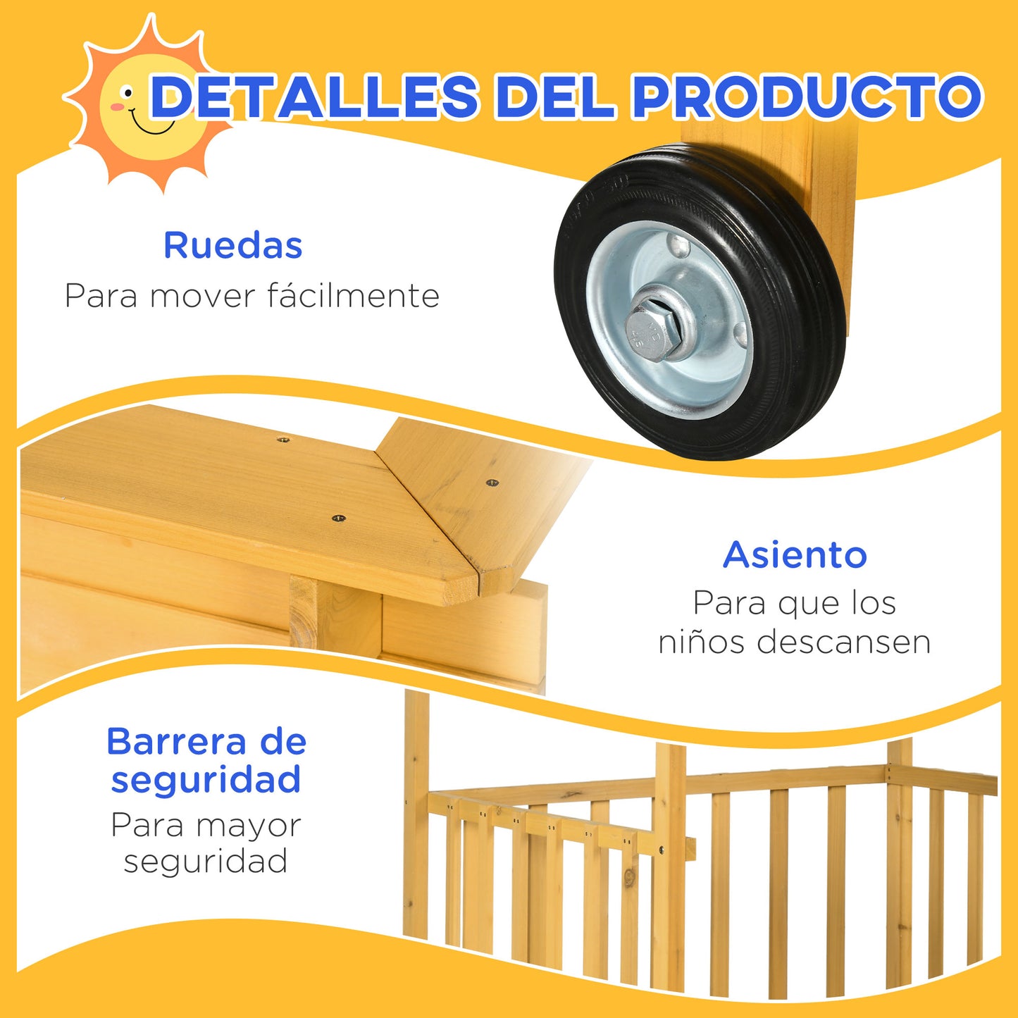 Outsunny Arenero para Niños Veranda de Madera con Techo y Ruedas Cajón de Arena Juego para Niños de 3-8 Años para Jardín Patio 133x129x137,5 cm Natural