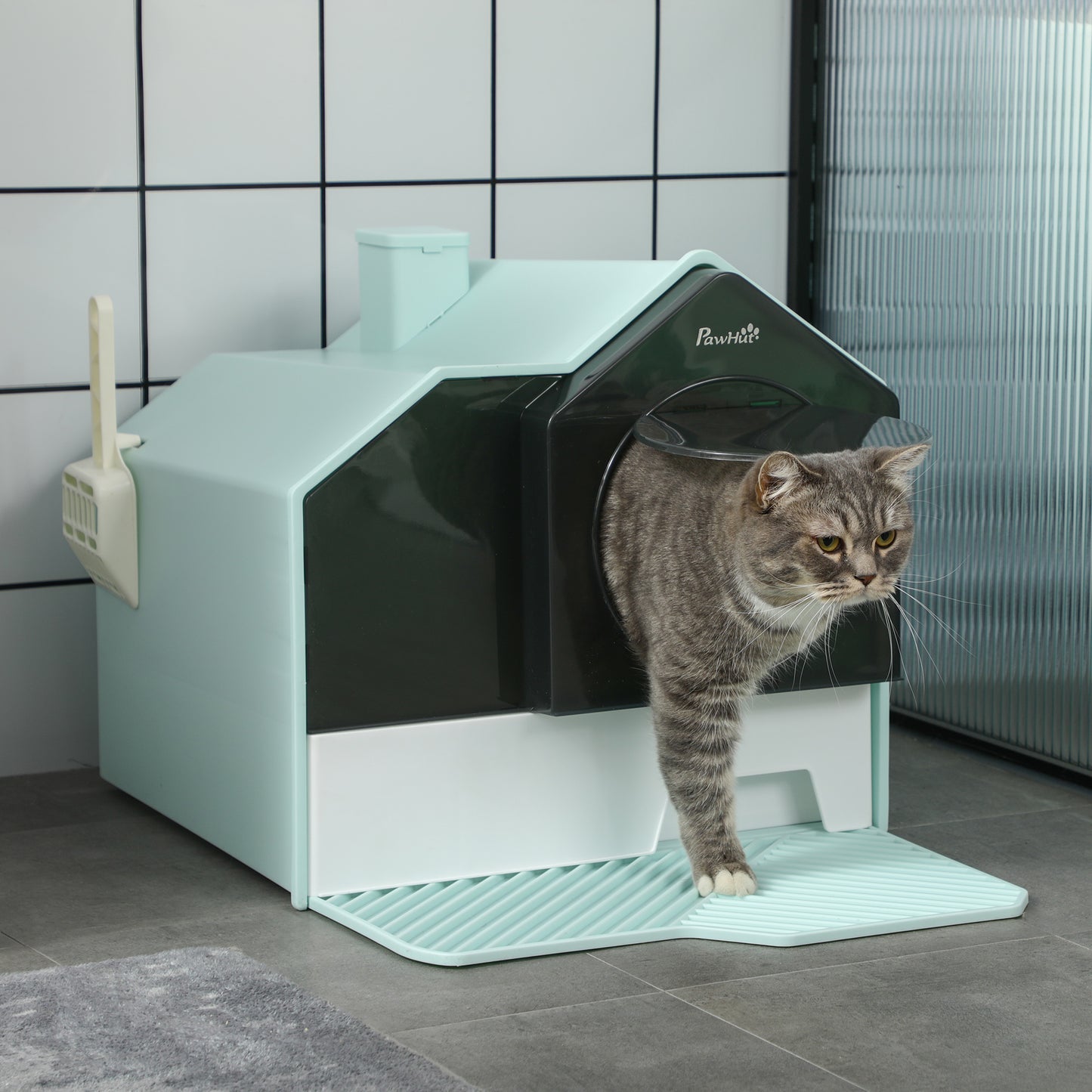 PawHut Arenero Cubierto para Gatos Caja de Arena Cerrada para Gatos con Bandeja Extraíble Pala Pedal Exterior y Filtro Desodorizante 47x45x42 cm Azul