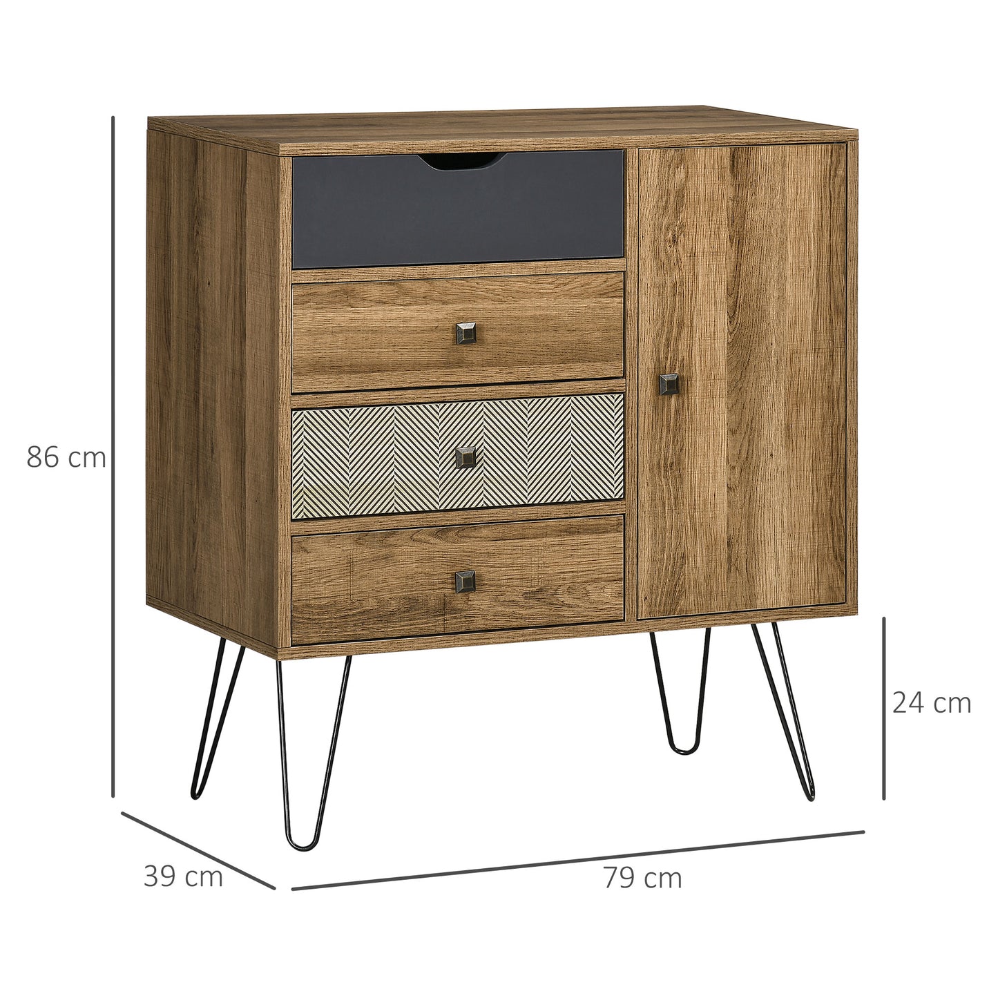 HOMCOM Cómoda con 4 Cajones Cajonera de Madera con Puerta Estante Ajustable y Patas de Metal para Salón Dormitorio Cocina 79x39x86 cm Marrón