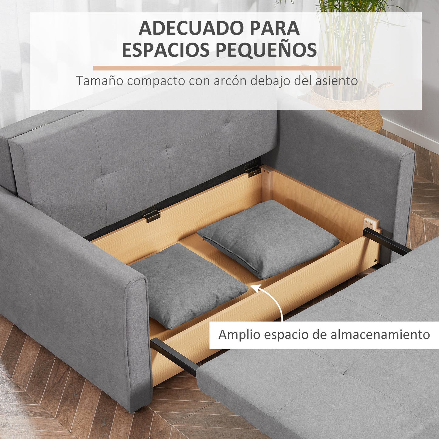 HOMCOM Sofá Cama de 2 Plazas Sofá Cama Tapizado en Poli Algodón con 2 Cojines Desmontables y Espacio de Almacenamiento Sofá Doble para Salón Oficina 152x101x81 cm Gris