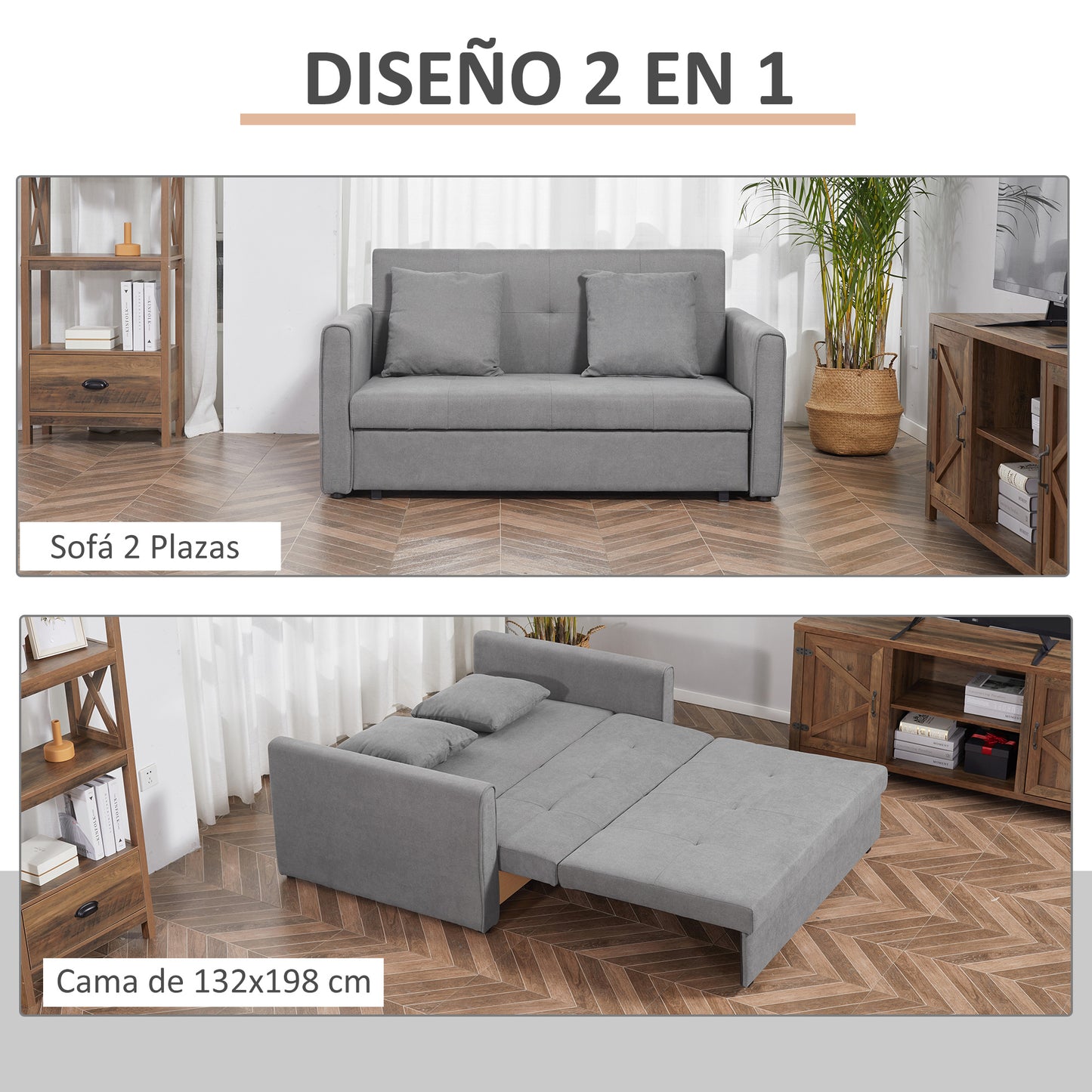 HOMCOM Sofá Cama de 2 Plazas Sofá Cama Tapizado en Poli Algodón con 2 Cojines Desmontables y Espacio de Almacenamiento Sofá Doble para Salón Oficina 152x101x81 cm Gris