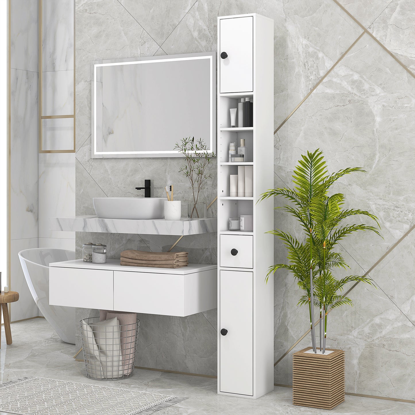 Kleankin Mueble Auxiliar Baño Moderno Armario Alto de Baño con 1 Cajón 5 Estantes Ajustables y 2 Armarios Mueble de Almacenaje para Salón Dormitorio Carga 30 kg 20x20x180 cm Blanco