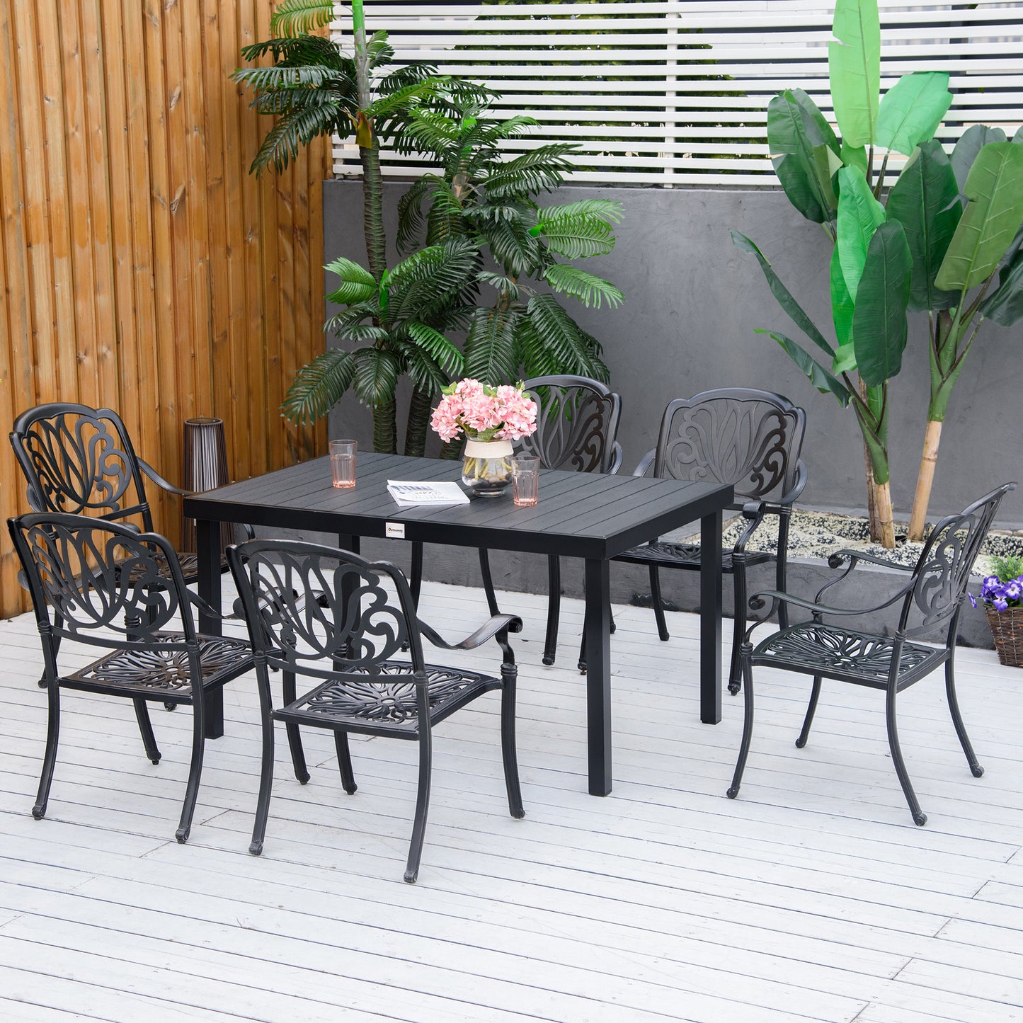 Outsunny Mesa de Jardín Rectangular para 6 Personas Mesa de Comedor Exterior 140x90x74 cm con Encimera de Listones y Estructura de Aluminio para Terraza Balcón Negro