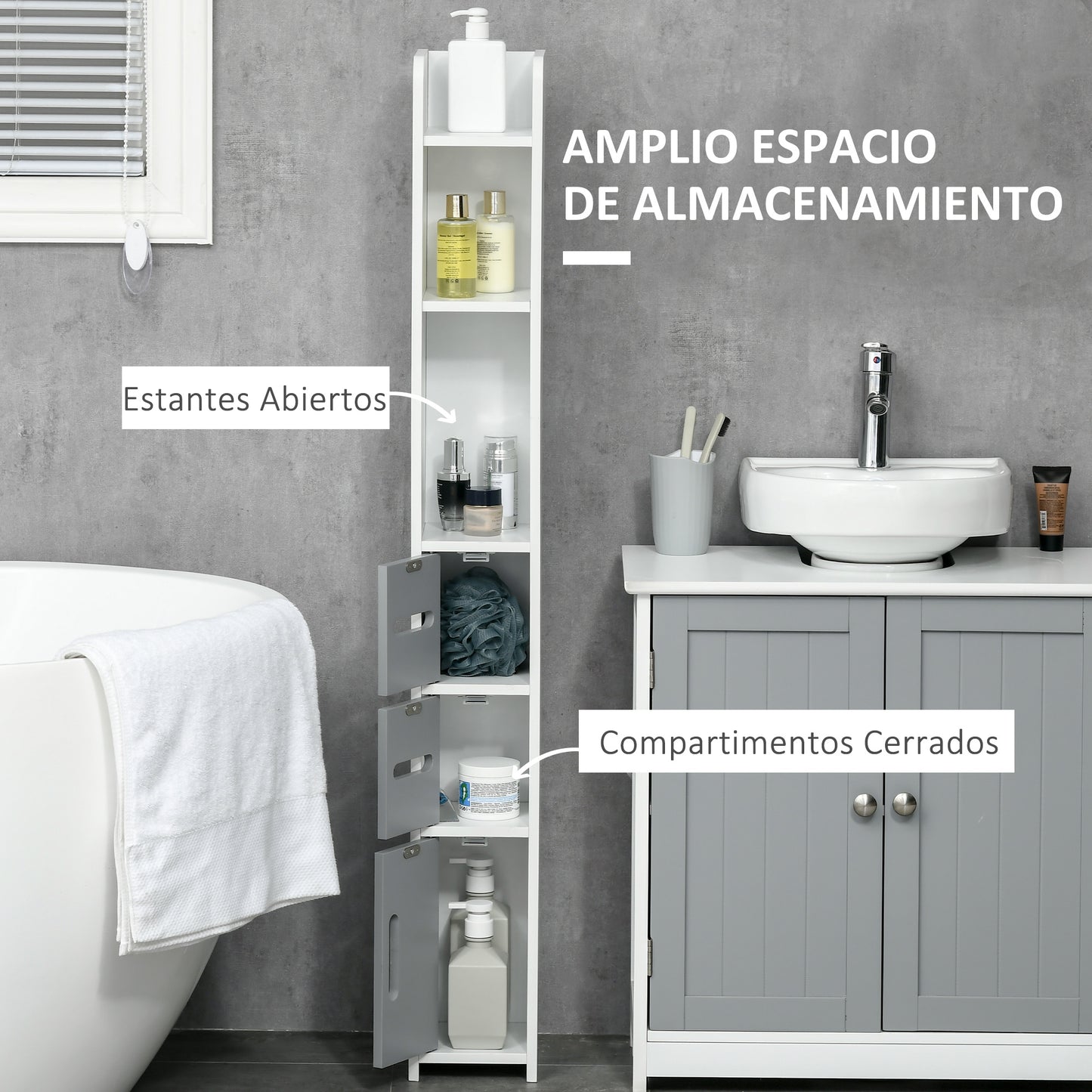 kleankin Armario Alto de Baño con 3 Puertas y 3 Estantes Abiertos Columna Auxiliar de Baño para Salón Aseo Dormitorio Estilo Moderno 15x17x120 cm Gris