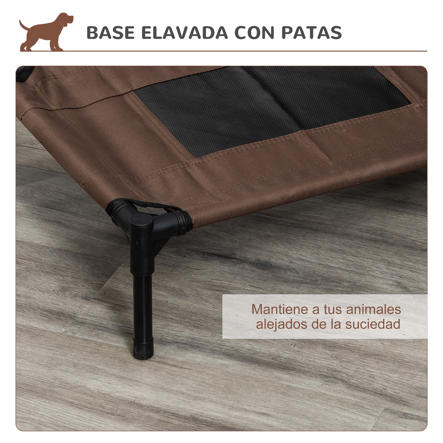 PawHut Cama Elevada para Perros Gatos Portátil Cama para Mascotas con Zona de Malla Transpirable y Tela Oxford para Interior Exterior 61x46x18 cm Marrón