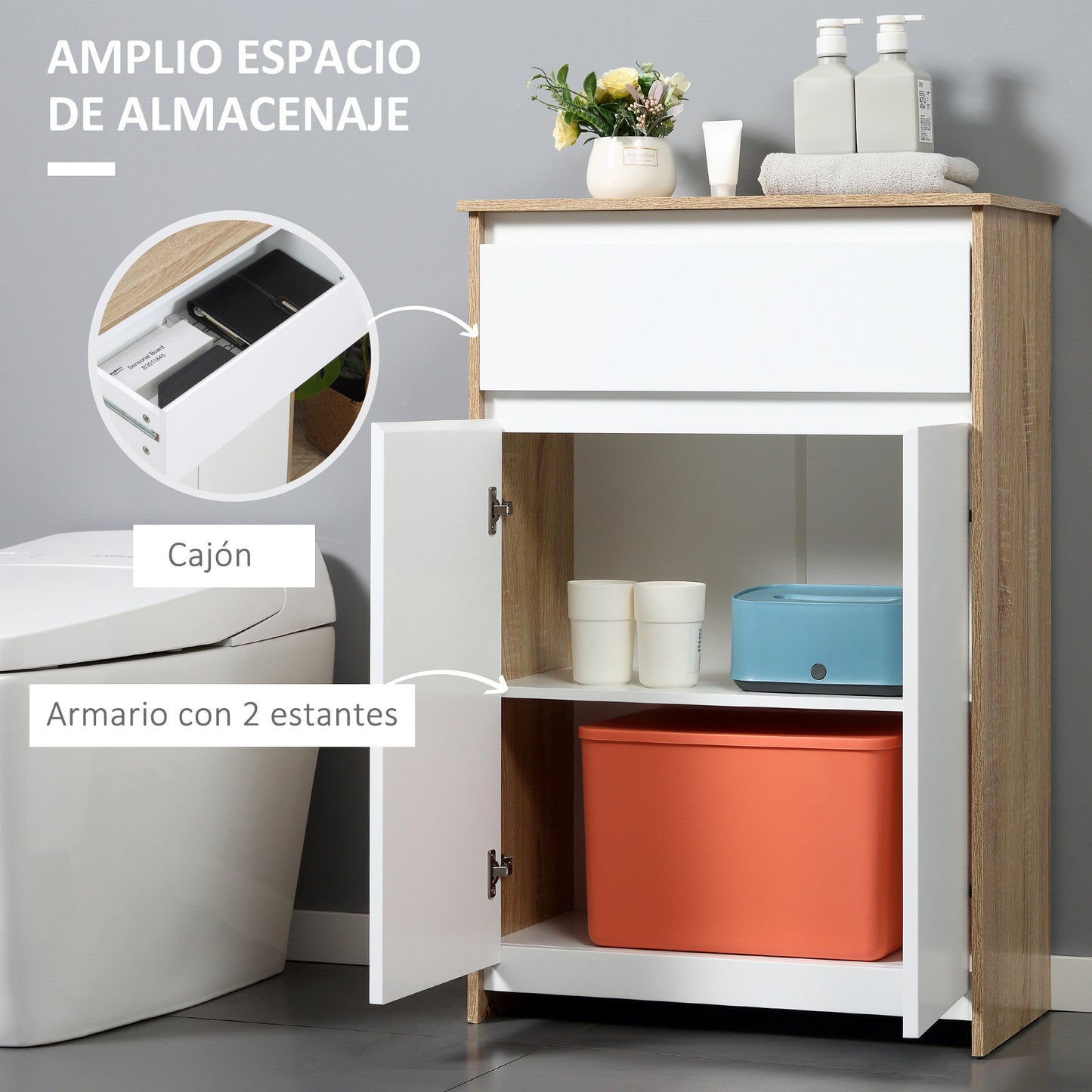 kleankin Armario Auxiliar de Baño con 1 Cajón y 2 Puertas Mueble Auxiliar de Baño para Salón Aseo Dormitorio Estilo Moderno Antivuelco 60x30x90 cm Blanco y Natural