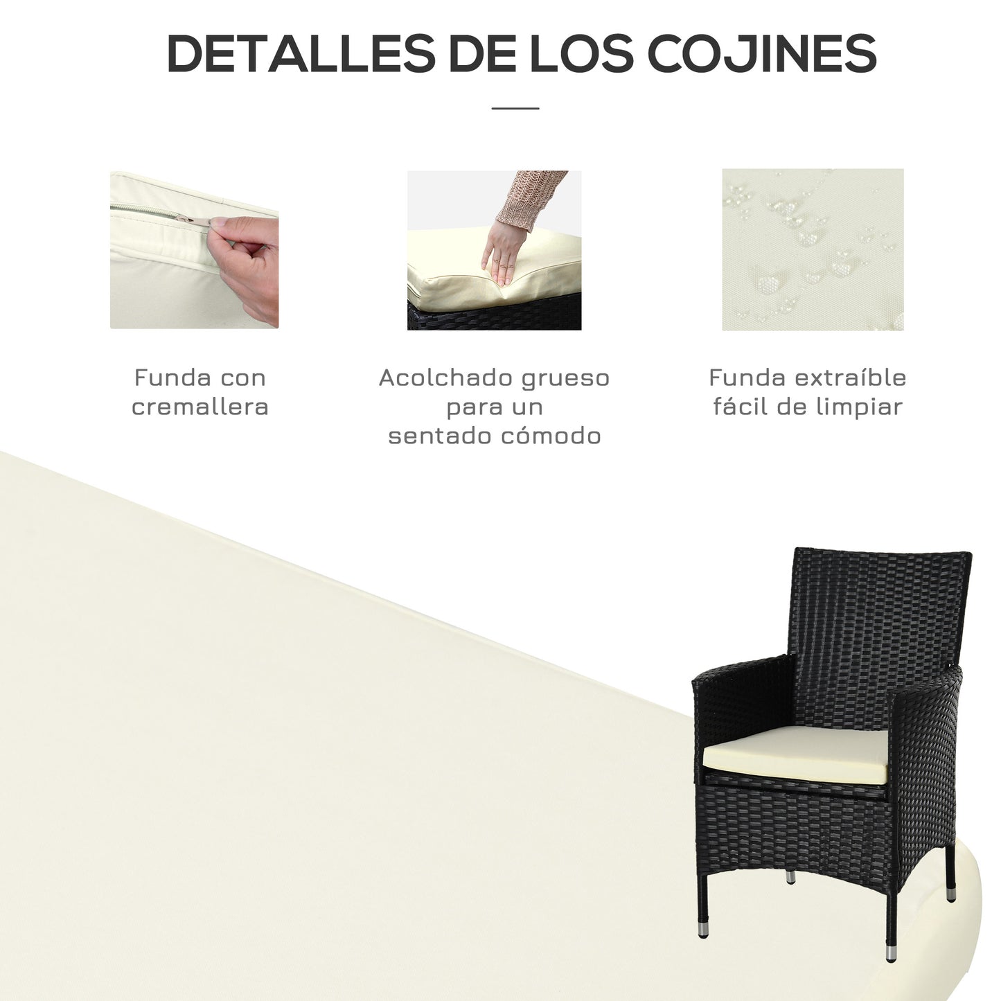 Outsunny Conjunto de Muebles para Jardín Juegos de Muebles de Ratán Incluye 1 Mesa y 2 Sillones con Cojines Estructura de Metal para Terraza Patio Negro