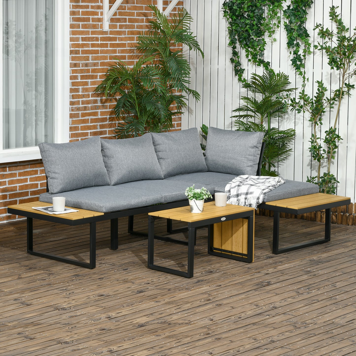 Outsunny Conjunto de Muebles de Jardín de Aluminio 3 Piezas Juego de Conversación Incluye 2 Sofás Esquineros con Cojines Mesa de Plástico Madera Gris