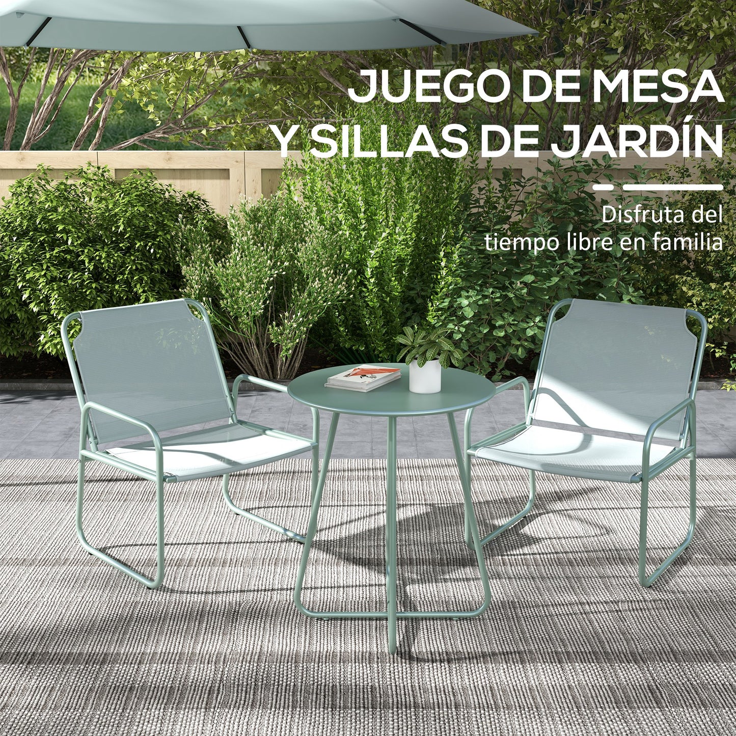 Outsunny Conjunto de Jardín Exterior Muebles de Jardín Exterior Juego de 1 Mesa Redonda y 2 Sillas de Terraza con Marco de Acero Reposabrazos y Almohadillas Ajustables para los Pies Verde