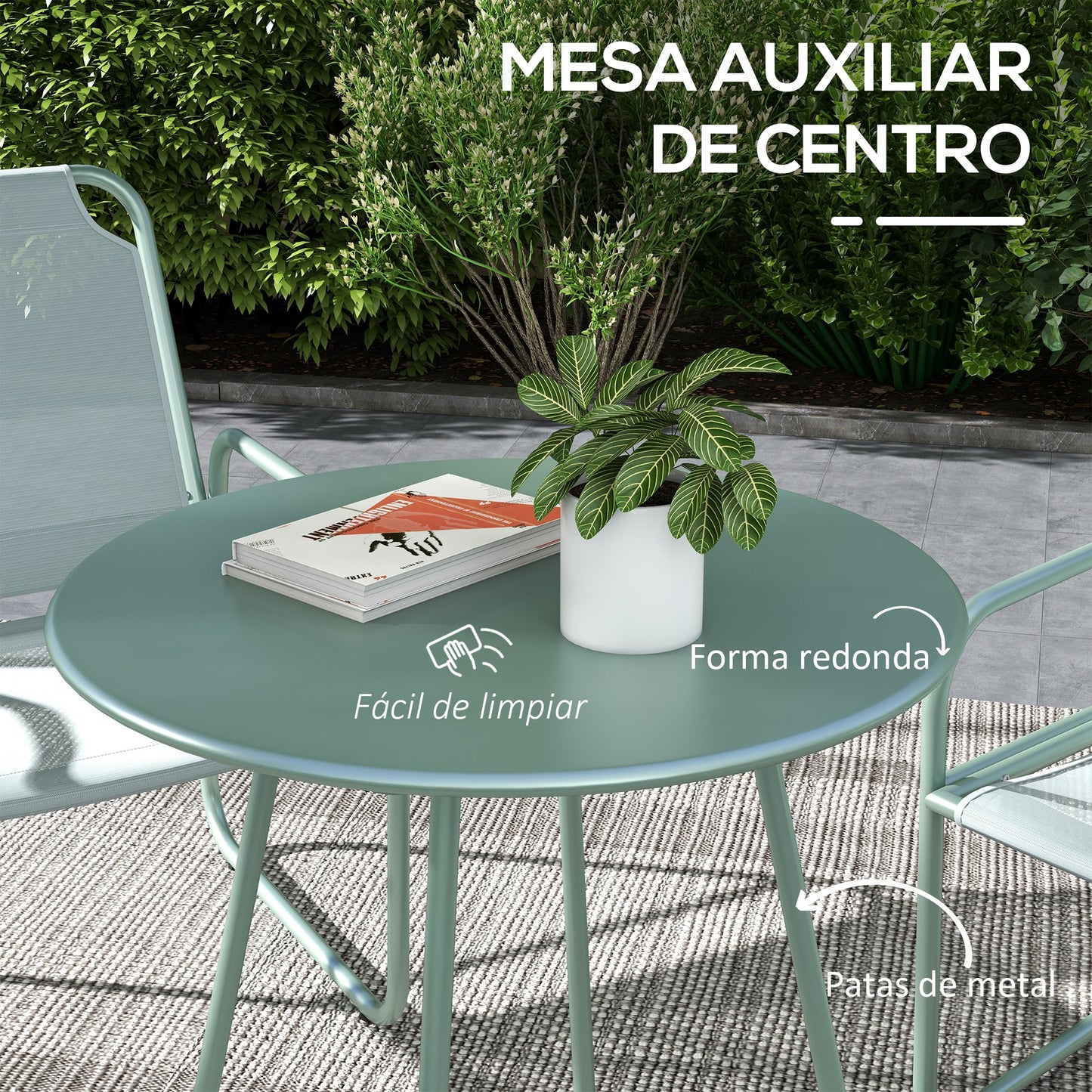 Outsunny Conjunto de Jardín Exterior Muebles de Jardín Exterior Juego de 1 Mesa Redonda y 2 Sillas de Terraza con Marco de Acero Reposabrazos y Almohadillas Ajustables para los Pies Verde