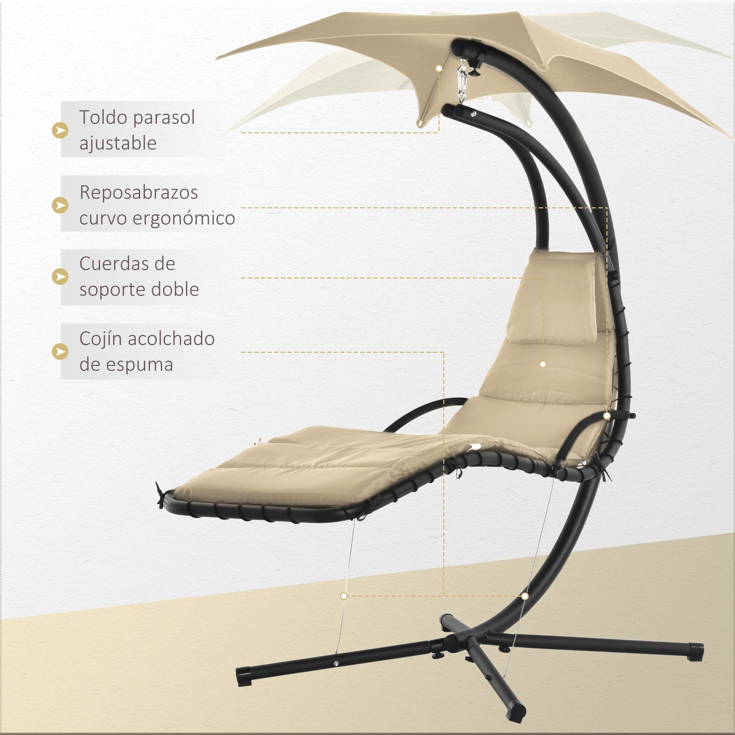 Outsunny Silla Colgante con Soporte Sillón Colgante con Toldo Cojín Estructura Metálica Antivuelco Carga 100 kg para Jardín Patio Terraza 190x110x190 cm Beige