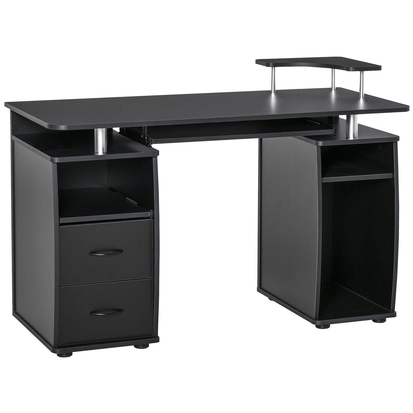 HOMCOM Mesa de Ordenador PC 120 cm Mesa Escritorio de Oficina con Múltiples Estantes 2 Cajones Bandeja de Teclado y Soportes para Monitor CPU 120x55x85 cm Negro