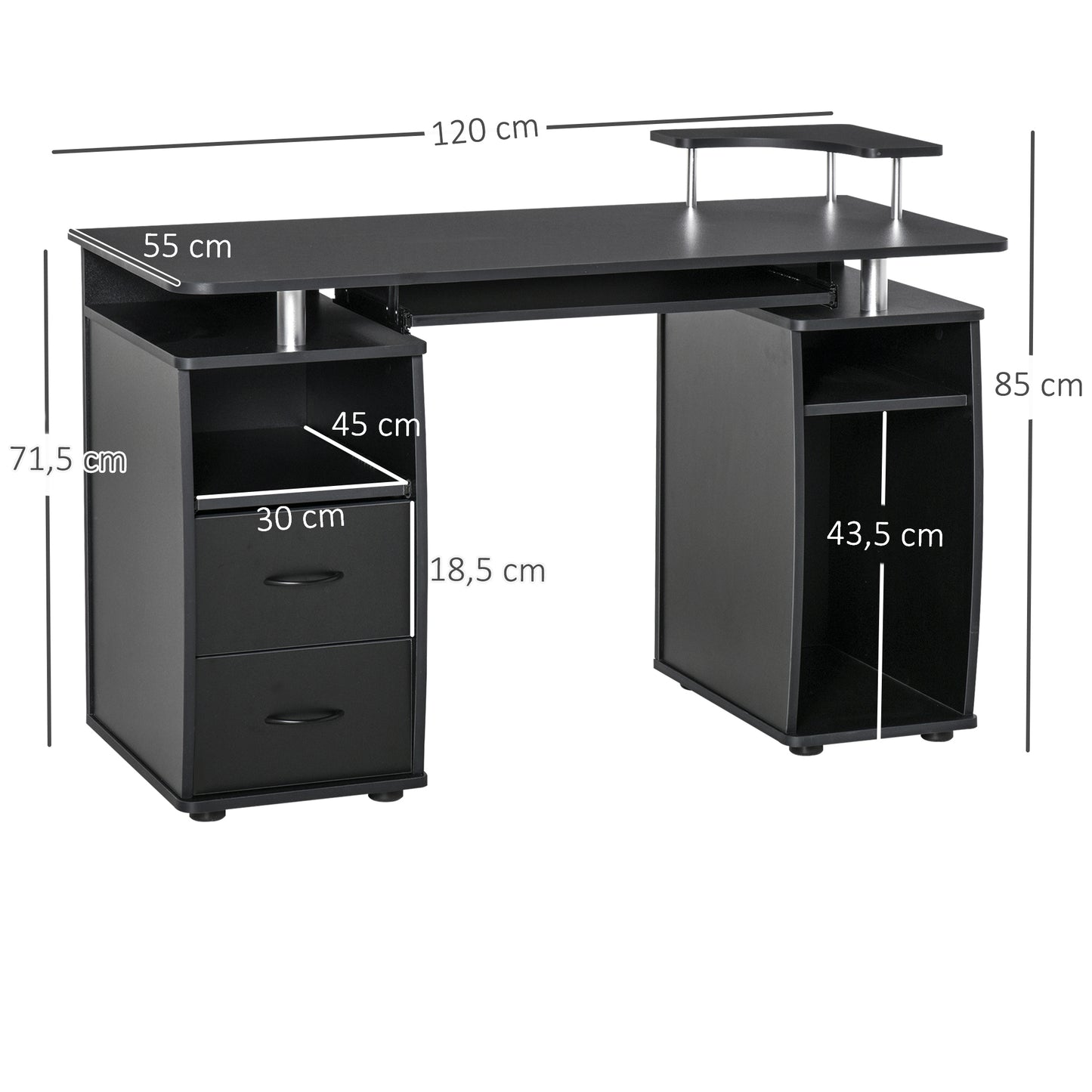 HOMCOM Mesa de Ordenador PC 120 cm Mesa Escritorio de Oficina con Múltiples Estantes 2 Cajones Bandeja de Teclado y Soportes para Monitor CPU 120x55x85 cm Negro