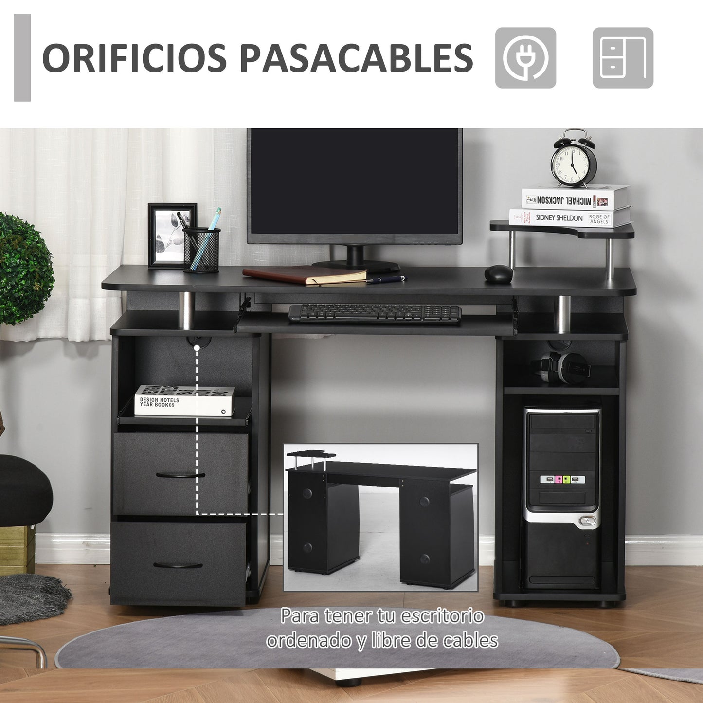 HOMCOM Mesa de Ordenador PC 120 cm Mesa Escritorio de Oficina con Múltiples Estantes 2 Cajones Bandeja de Teclado y Soportes para Monitor CPU 120x55x85 cm Negro