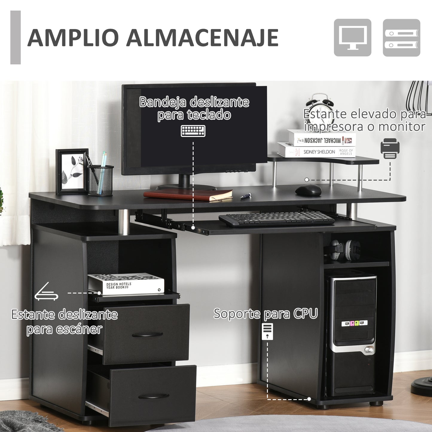 HOMCOM Mesa de Ordenador PC 120 cm Mesa Escritorio de Oficina con Múltiples Estantes 2 Cajones Bandeja de Teclado y Soportes para Monitor CPU 120x55x85 cm Negro