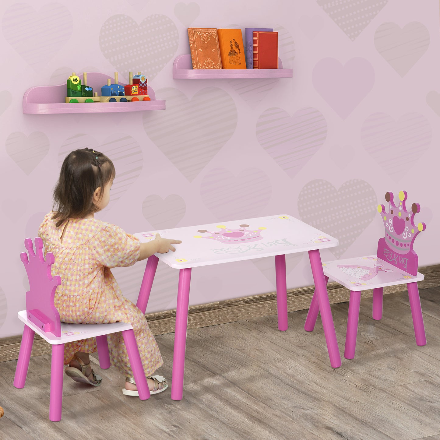 HOMCOM Juego de Mesa y 2 Sillas Infantiles de Madera Set de Mesa 55x34x42 cm Sillas 28x26x50 cm para Niños de 2-4 Años para Dormitorio Color Rosa