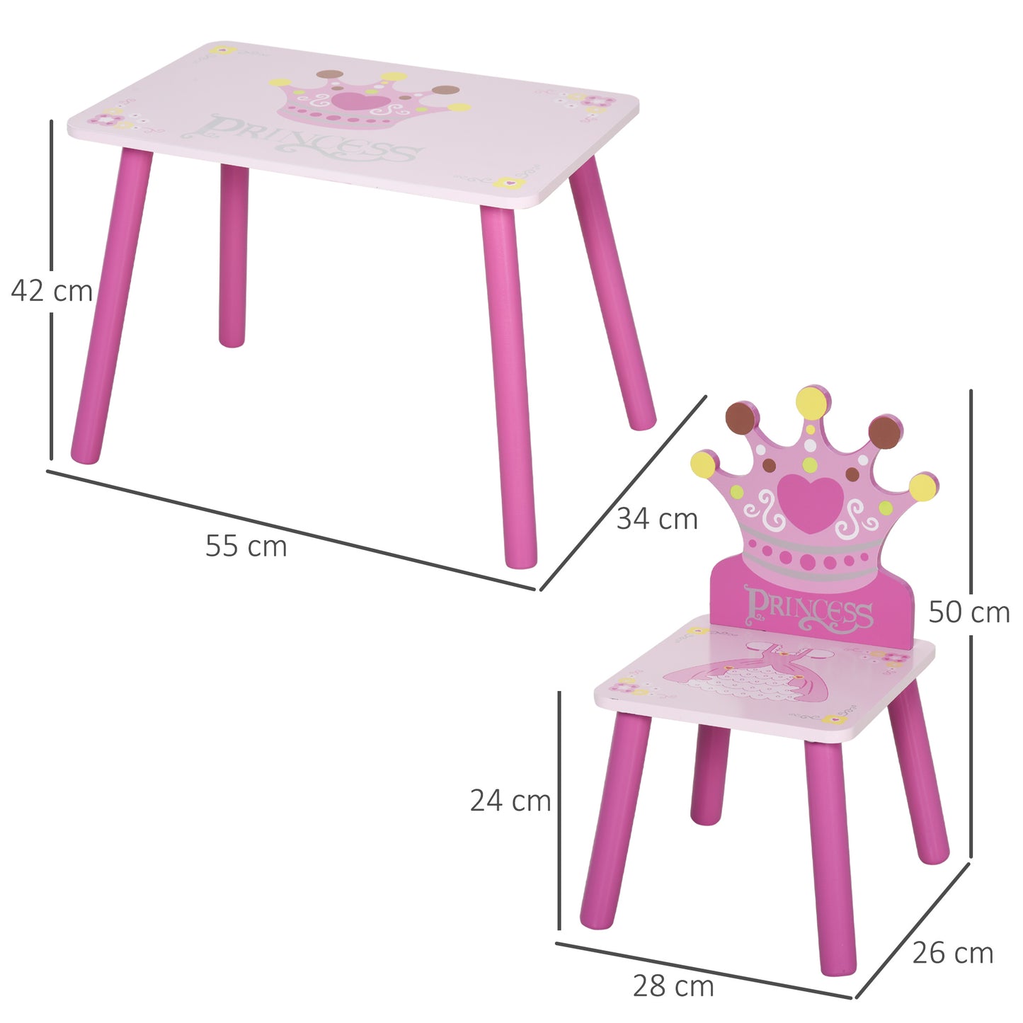 HOMCOM Juego de Mesa y 2 Sillas Infantiles de Madera Set de Mesa 55x34x42 cm Sillas 28x26x50 cm para Niños de 2-4 Años para Dormitorio Color Rosa