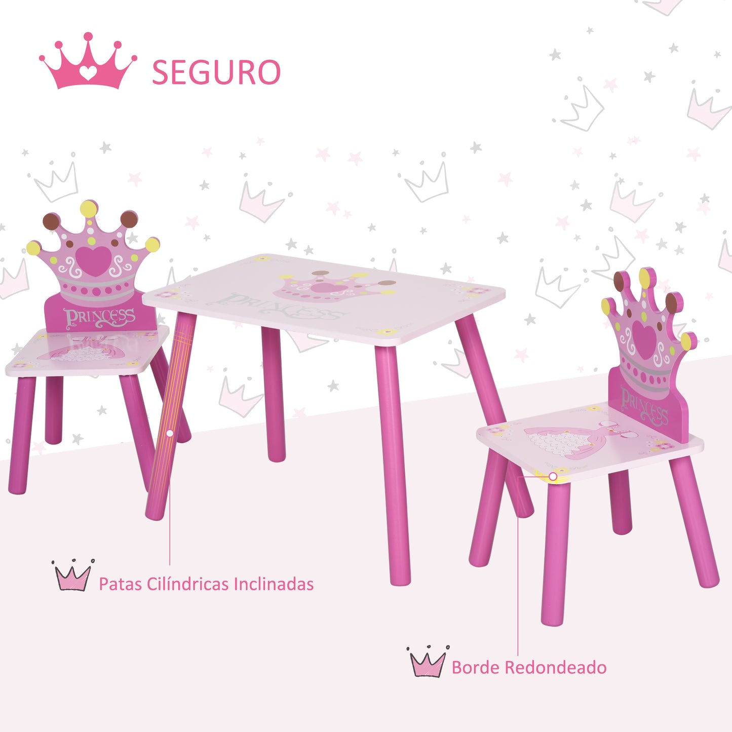 HOMCOM Juego de Mesa y 2 Sillas Infantiles de Madera Set de Mesa 55x34x42 cm Sillas 28x26x50 cm para Niños de 2-4 Años para Dormitorio Color Rosa