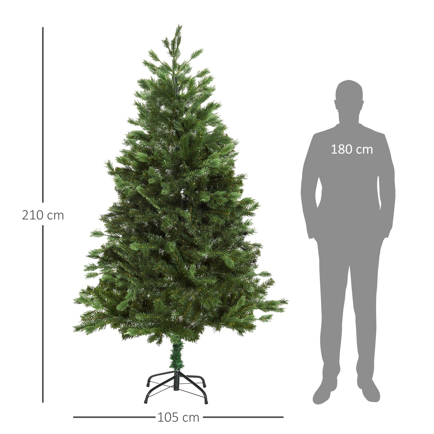 HOMCOM Árbol de Navidad Ø105x210 cm Artificial con 934 Ramas PE Tridente y PVC Individual y Base Plegable Árbol Navideño Decorativo Exteriores Interiores Verde