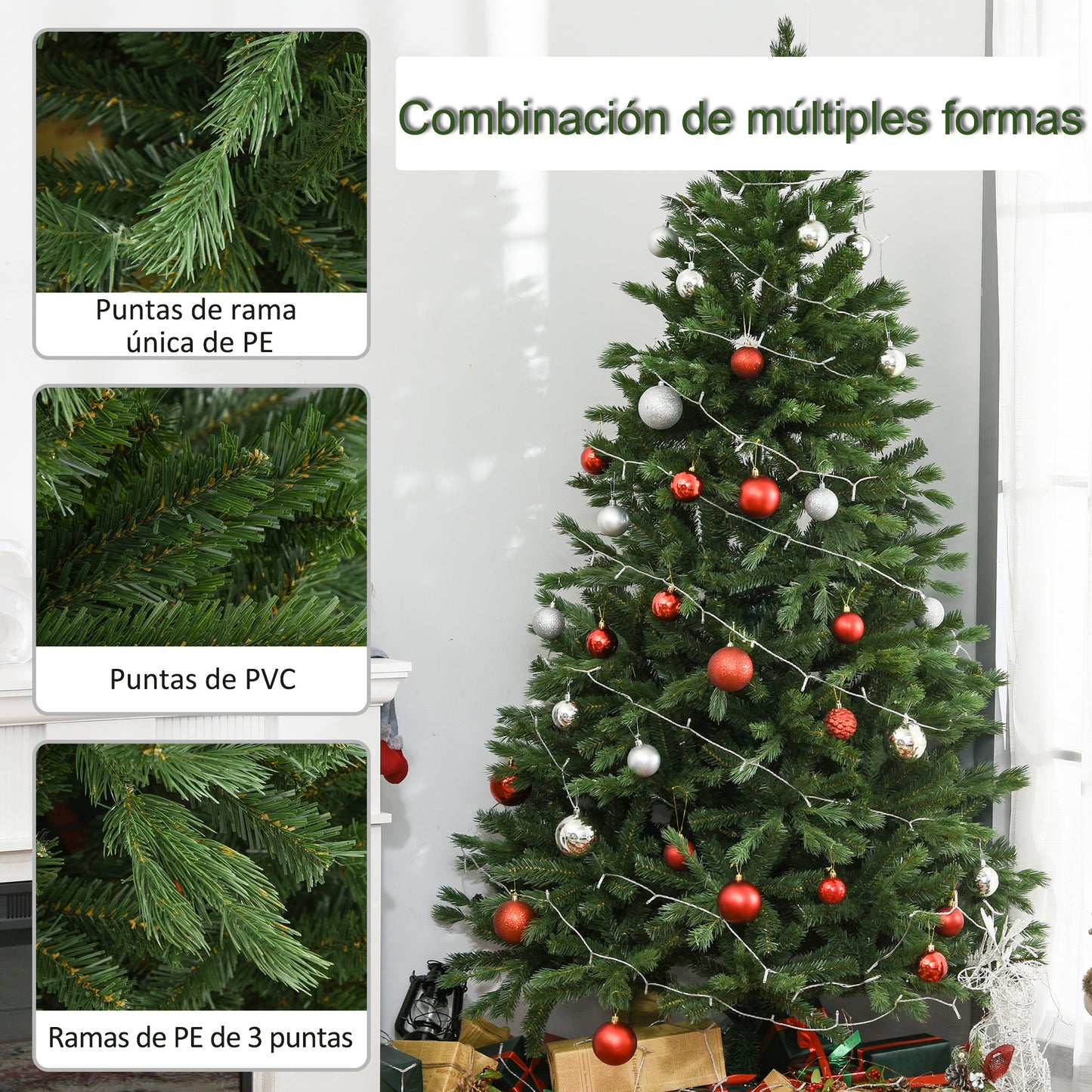 HOMCOM Árbol de Navidad Ø105x210 cm Artificial con 934 Ramas PE Tridente y PVC Individual y Base Plegable Árbol Navideño Decorativo Exteriores Interiores Verde