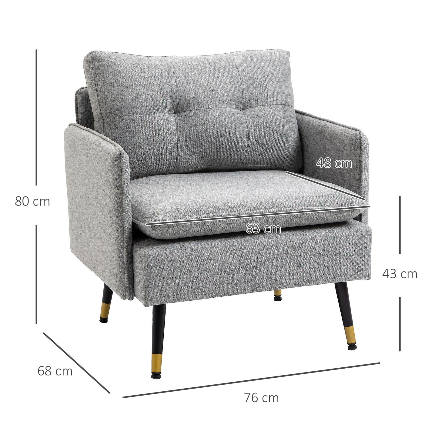 HOMCOM Butaca de Salón Sillón Relax con Reposabrazos Asiento Acolchado y Patas de Acero Sofá Individual de Moderno para Dormitorio 76x68x80 cm Gris