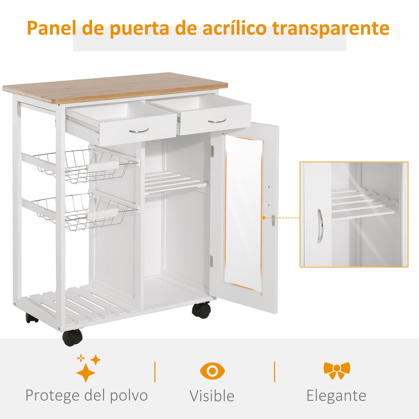 HOMCOM Carro de Cocina Carrito de Servir Multiusos Estantería Carrito Auxiliar con Ruedas para Baño Dormitorio con Estantes Cestas Cajones 70x37x85cm Madera