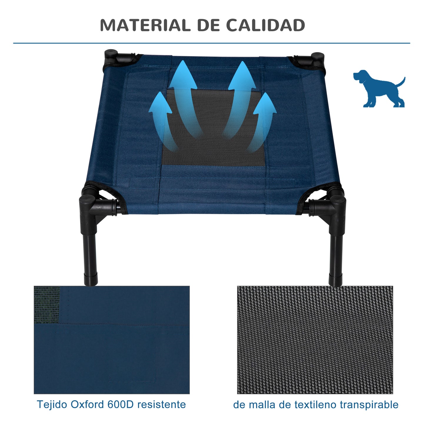 PawHut Cama Elevada para Perros Gatos Portátil Cama para Mascotas con Zona de Malla Transpirable y Tela Oxford para Interior Exterior 61x46x18 cm Azul