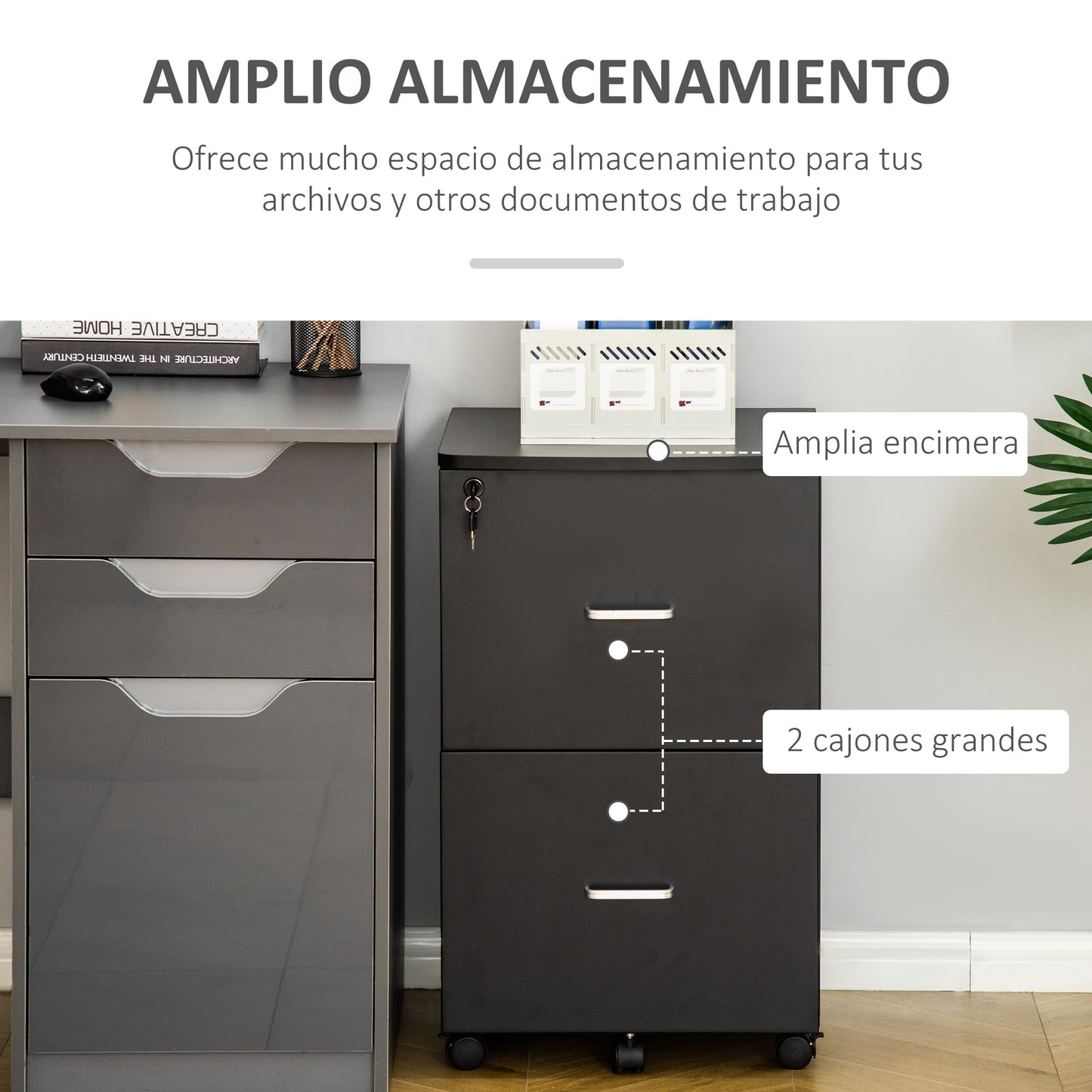 Vinsetto Cajonera de Oficina Mueble Auxiliar para Archivos con 2 Cajones Cerradura de 2 Llaves 5 Ruedas para Tamaño Carta A4 para Estudio Despacho Dormitorio 43x45x72 cm Negro