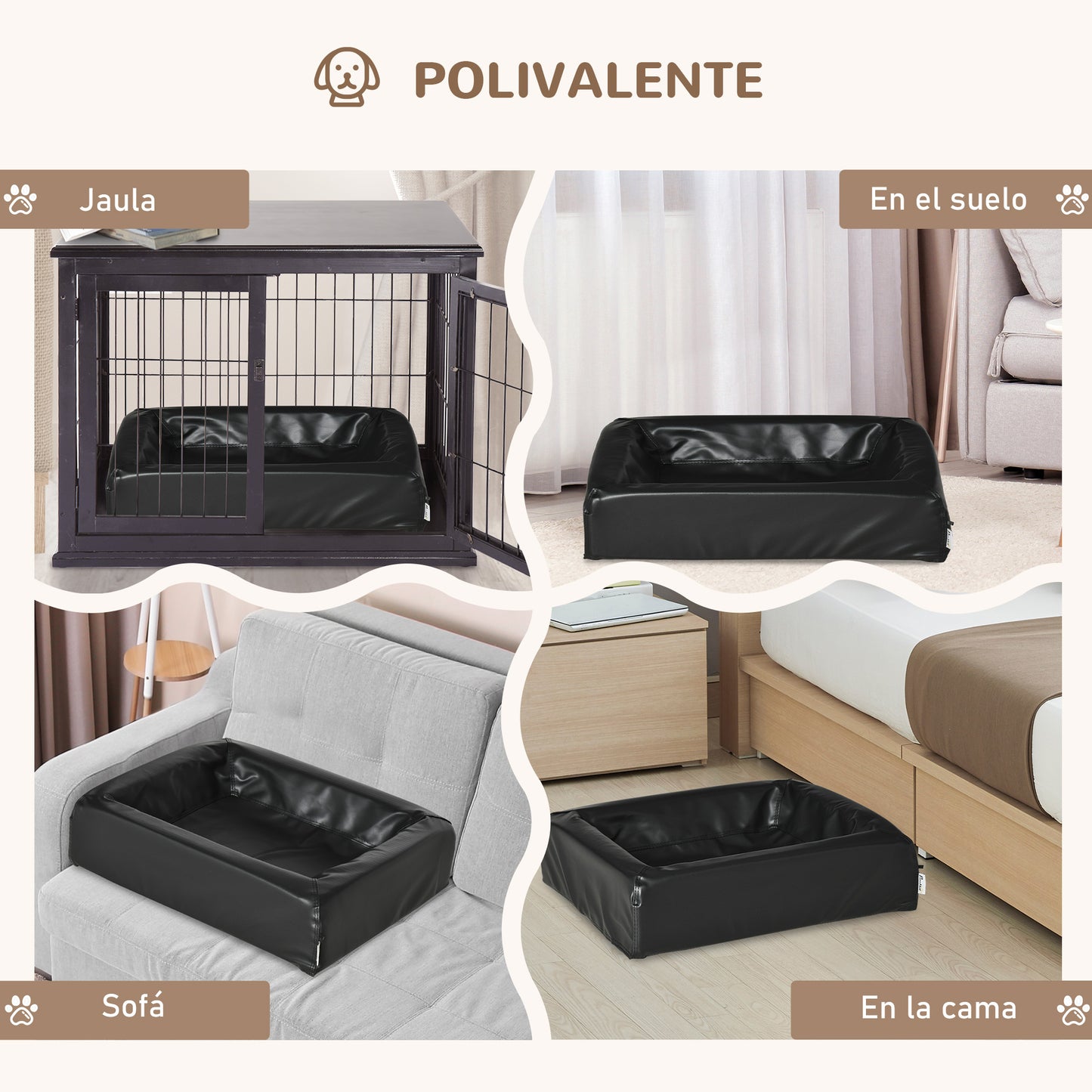 PawHut Cama para Perros Pequeños Colchón para Mascotas Tapizado en Cuero PU Acolchado de Espuma y Lavable con Cremallera 58x49x14,5 cm Negro