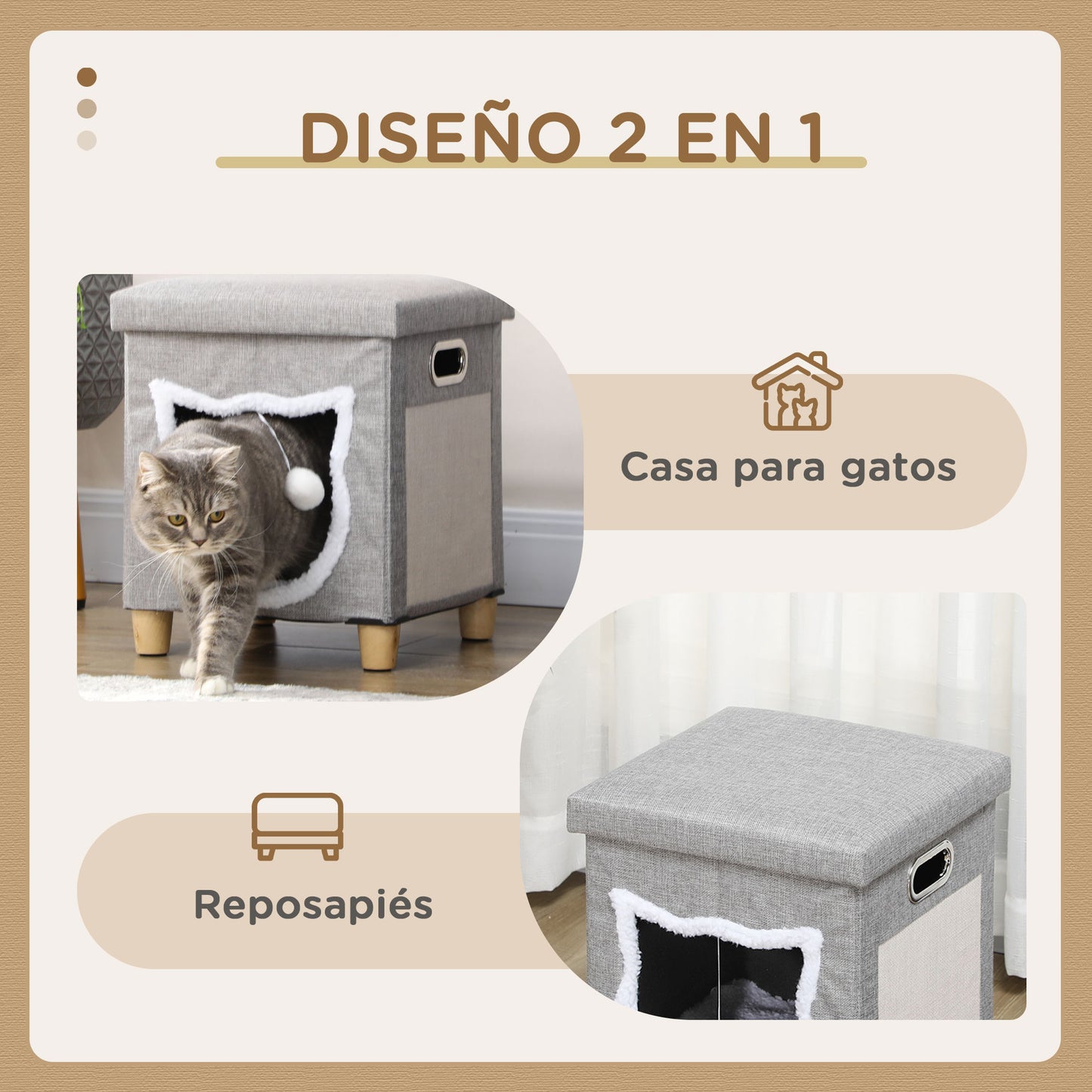 PawHut Cama Cueva de Gatos 2 en 1 Casa para Gatos Interior Tipo Reposapiés con Cojín Extraíble Bola Colgante y Almohadilla para Rascar 35,5x35,5x42,5 cm Gris