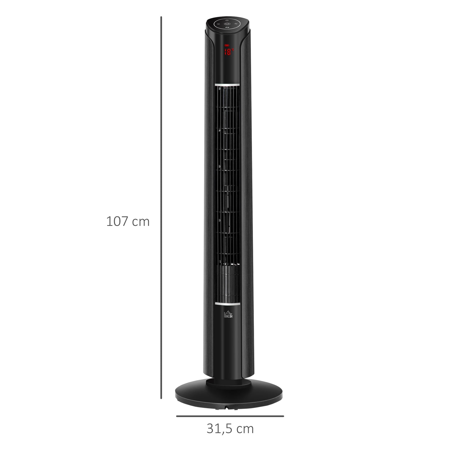 HOMCOM Ventilador de Torre Silencioso Bajo Consumo Altura 107 cm 45W con Mando a Distancia 3 Velocidades 4 Modos Oscilación de 70° Pantalla LED Táctil y Temporizador 12h Oficina Hogar Negro