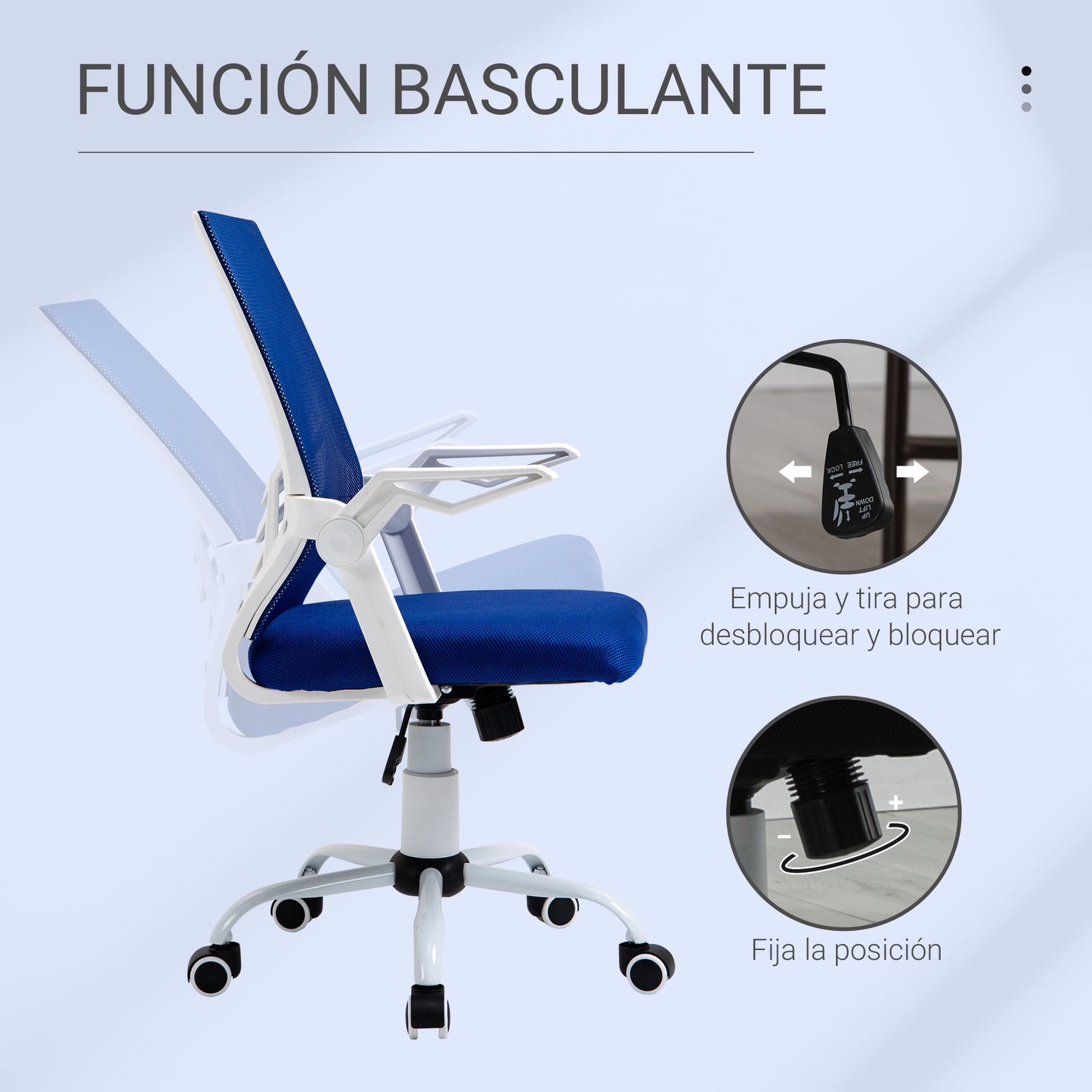 Vinsetto Silla de Oficina Ergonómica Silla Escritorio Giratoria con Altura Ajustable Reposabrazos Abatible Soporte Lumbar Transpirable para Adolescentes Adultos 62,5x55x94-104 cm Azul