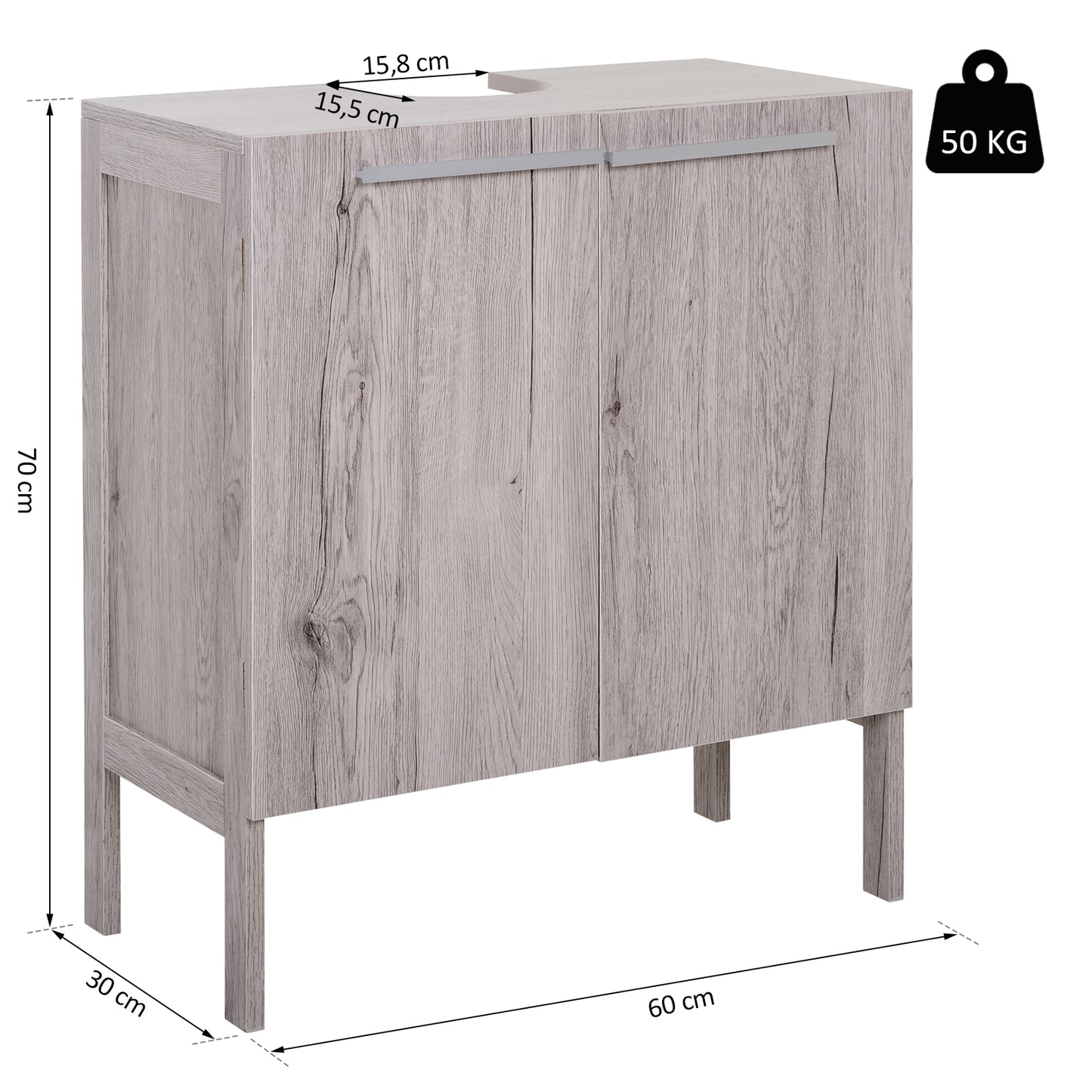 kleankin Mueble Bajo de Lavabo para Baño Compacto con 2 Puertas de Armario 60x30x70 cm