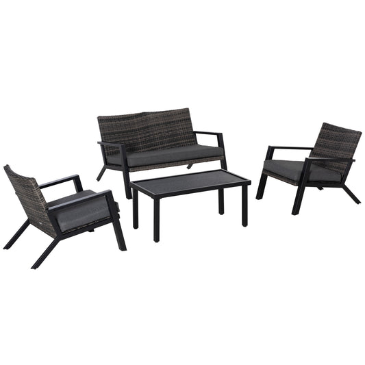 Outsunny Conjunto de Muebles de Jardín de Ratán 4 Piezas Juego de Muebles de Exterior con Sofá de 2 Plazos Sofás Individuales y Mesa de Centro para Terraza Patio Negro