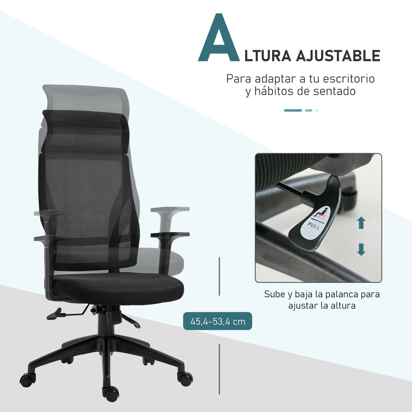 Vinsetto Silla de Oficina Silla de Escritorio Giratoria Ajustable en Altura y Reclinable hasta 120° Bloqueo de Posición 64x61x120,9-128,9 cm Negro